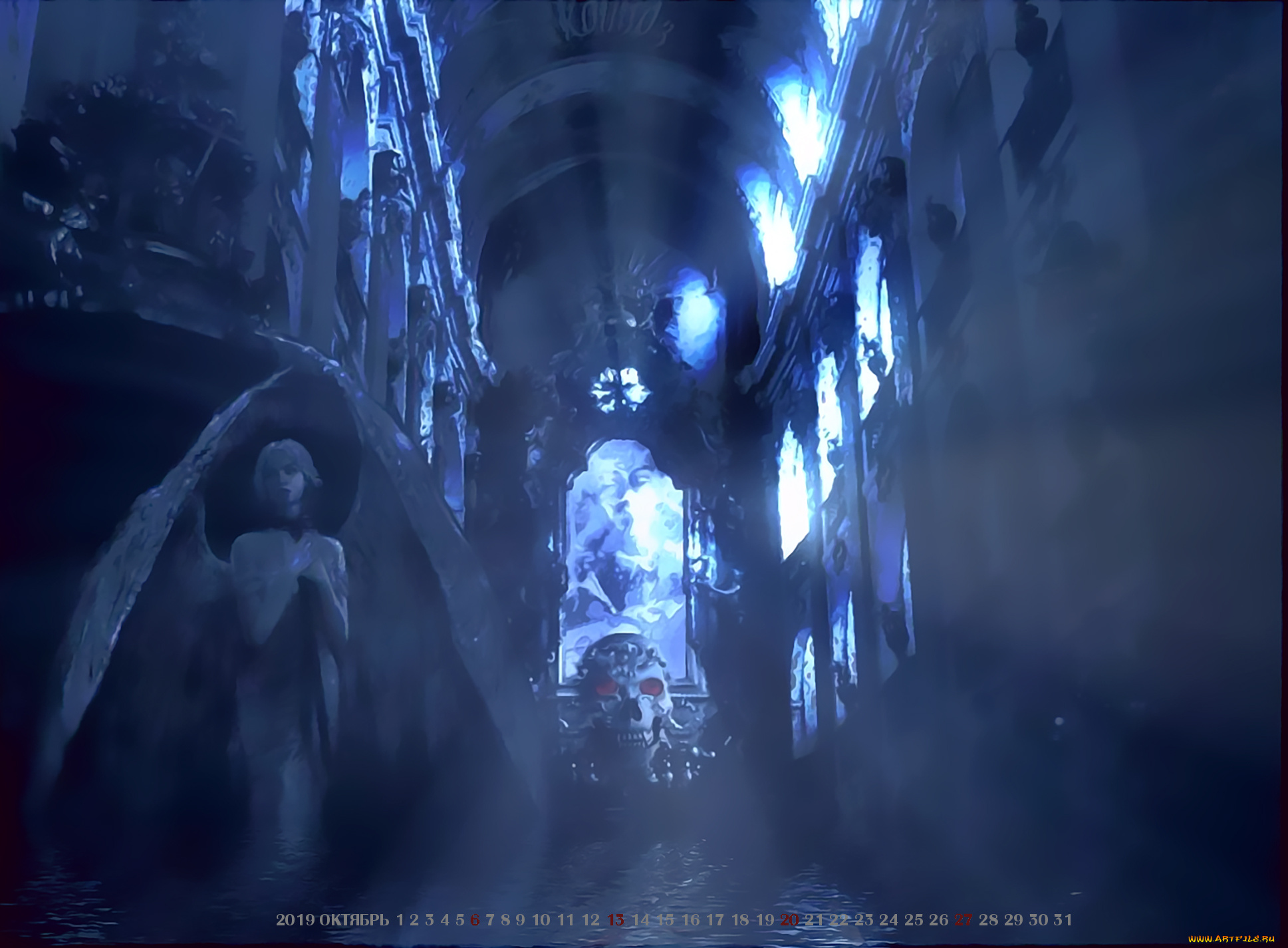 календари, фэнтези, 2019, calendar, помещение, окно, череп, силуэт, крылья, девушка, ангел