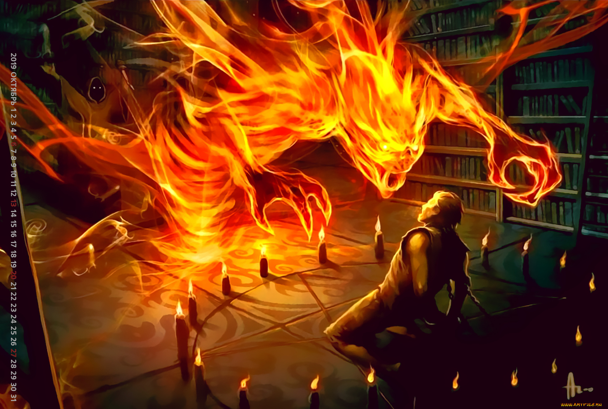 календари, фэнтези, существо, мужчина, пламя, свеча, 2019, calendar, стеллаж, книга, комната