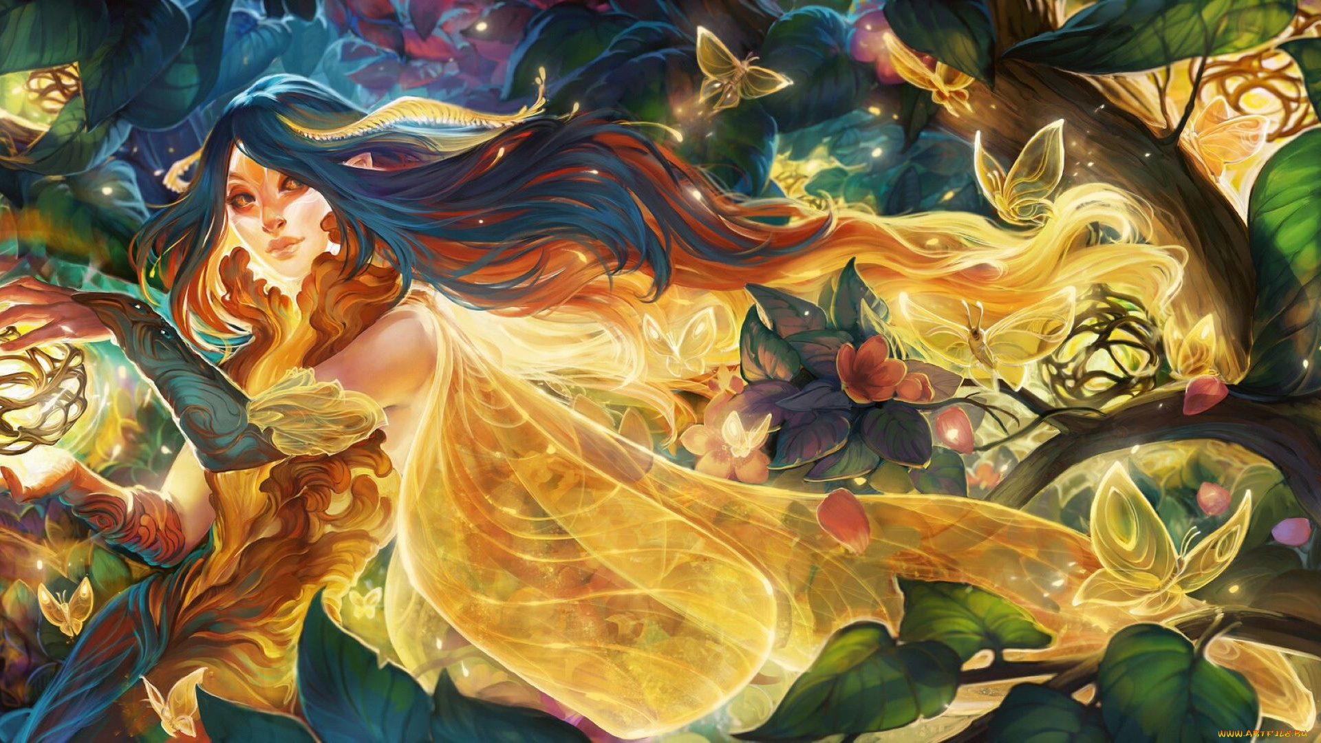 фэнтези, феи, девушка, крылья, бабочки, деревья, магия, шар