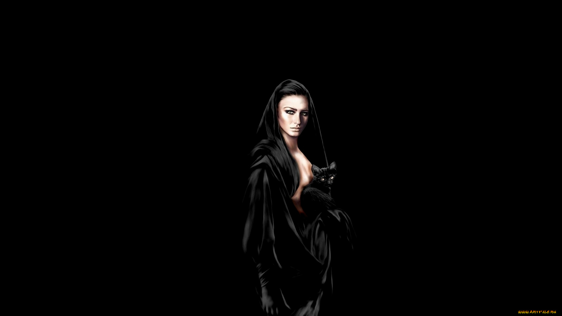 рисованное, люди, девушка, плащ, кошка