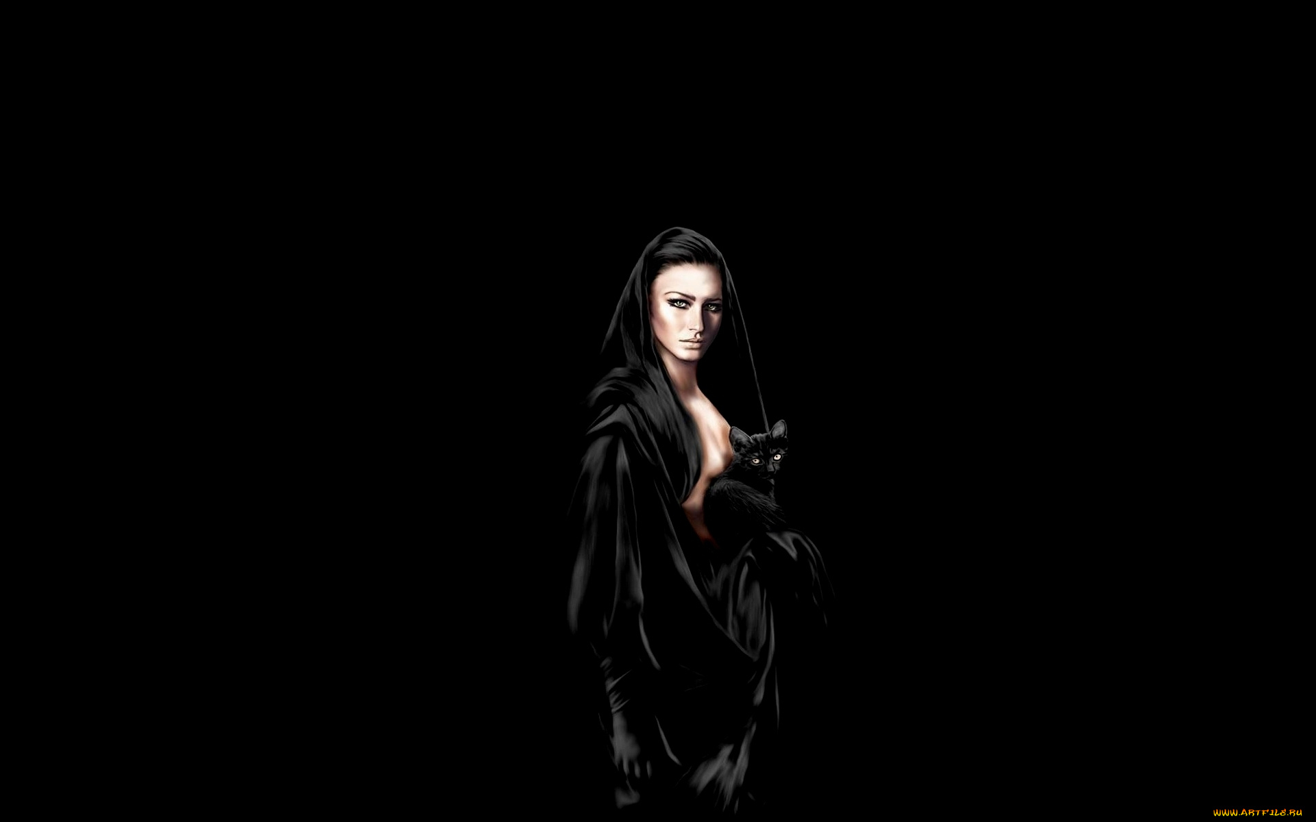 рисованное, люди, девушка, плащ, кошка