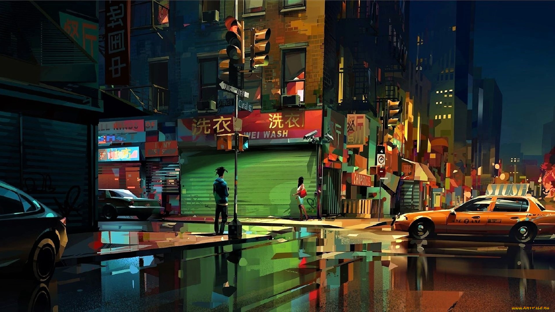 рисованное, города, город, огни, улицы, машины, люди, лужи