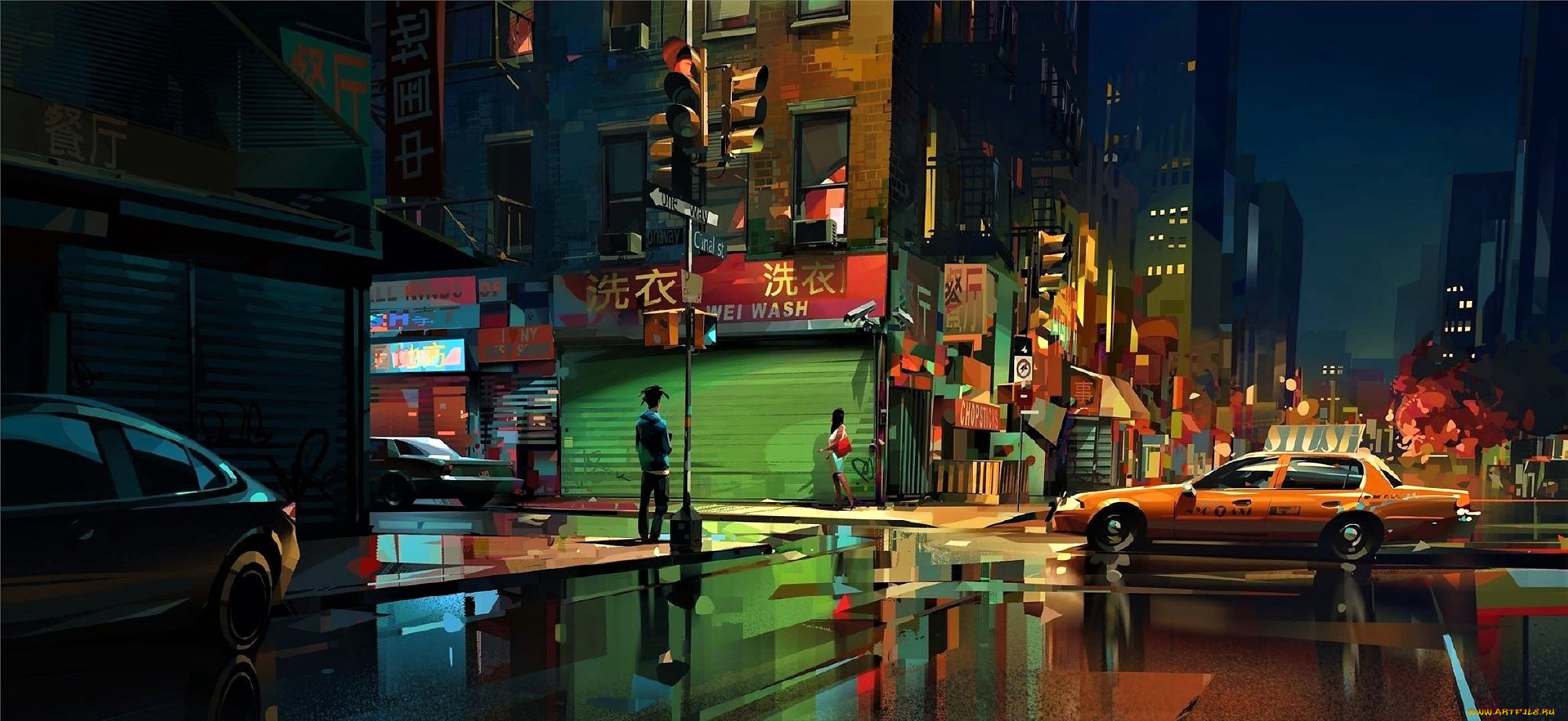 рисованное, города, город, огни, улицы, машины, люди, лужи