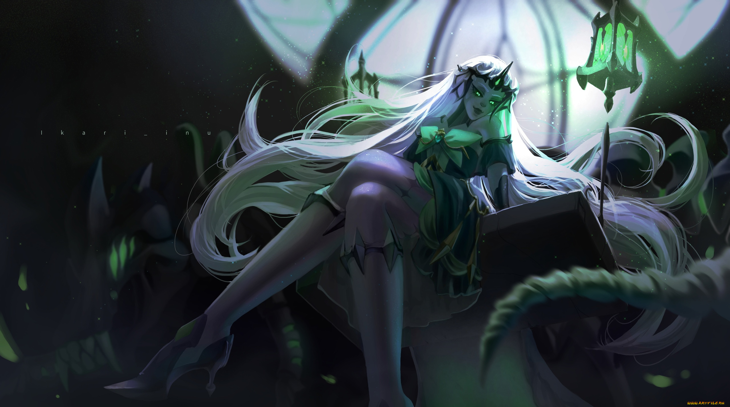 фэнтези, девушки, женщина, трон, фонари