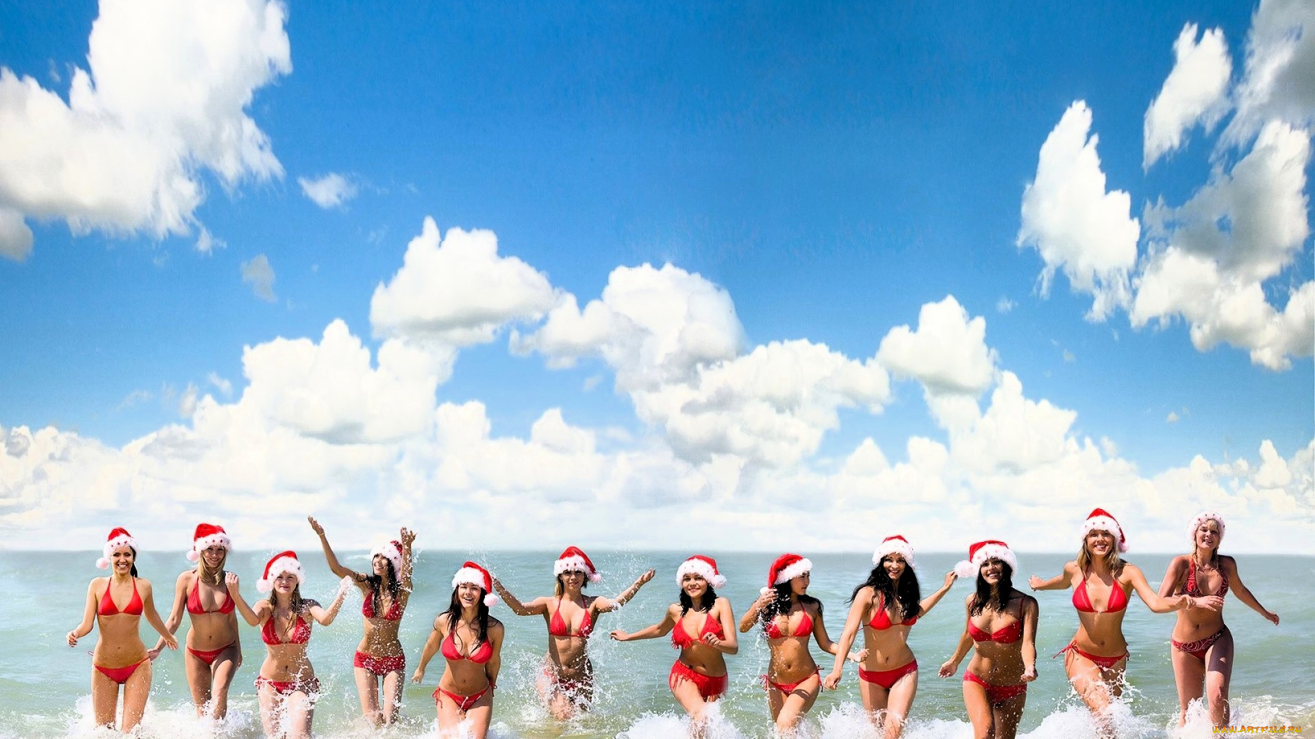 девушки, -, снегурочки, шапки, купальники, море, небо, облака