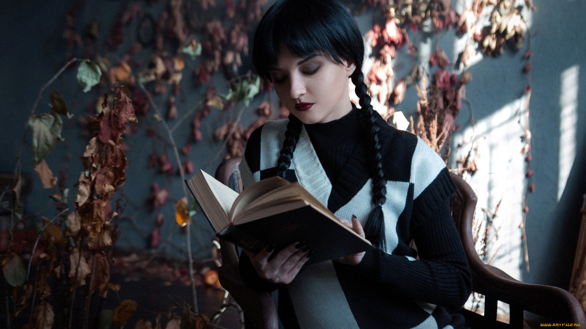 девушки, kirdjava, костюм, образ, косы, книга, кресло, листья
