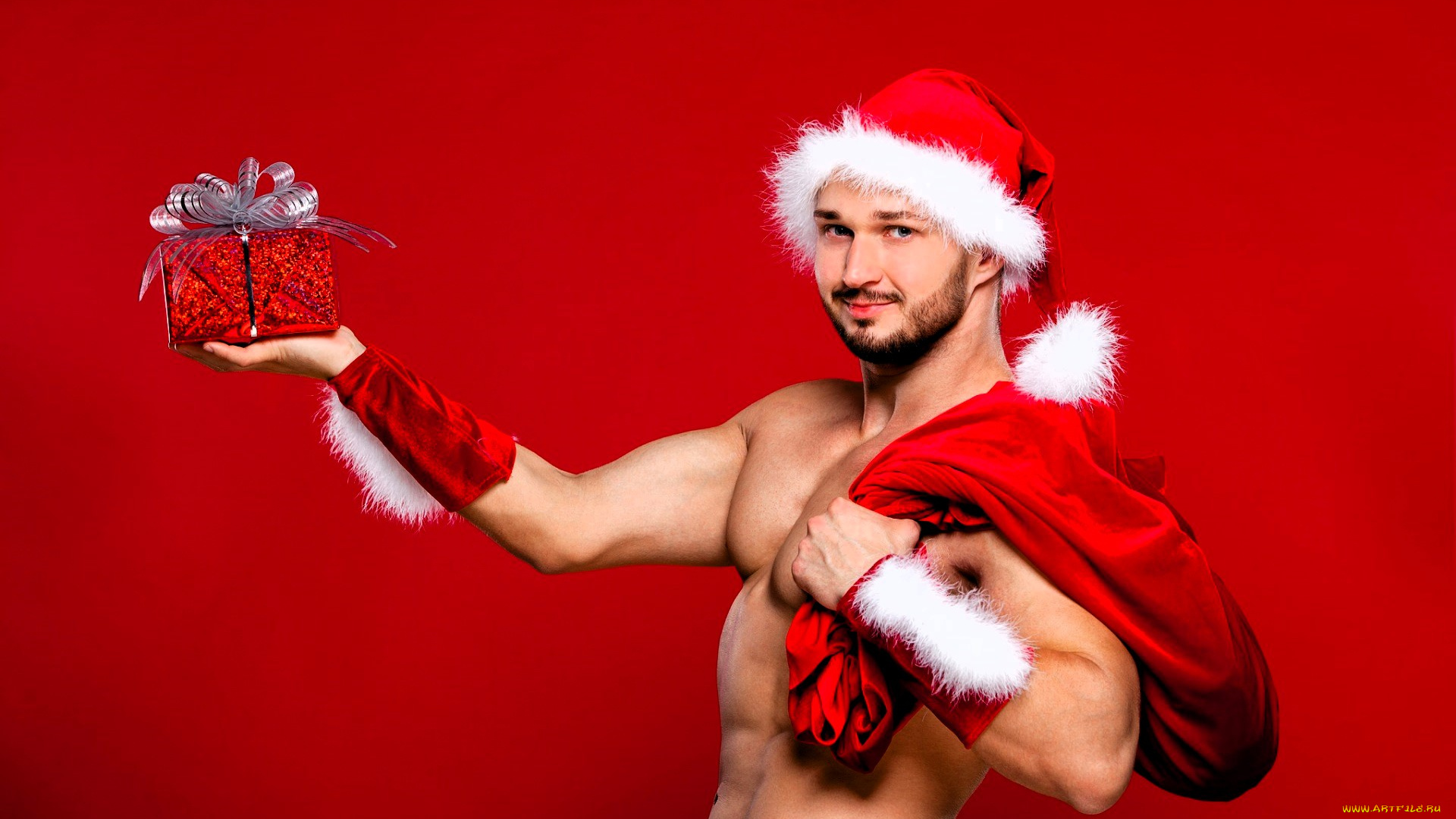 мужчины, -unsort, мужчина, шапка, борода, торс, мешок, подарок