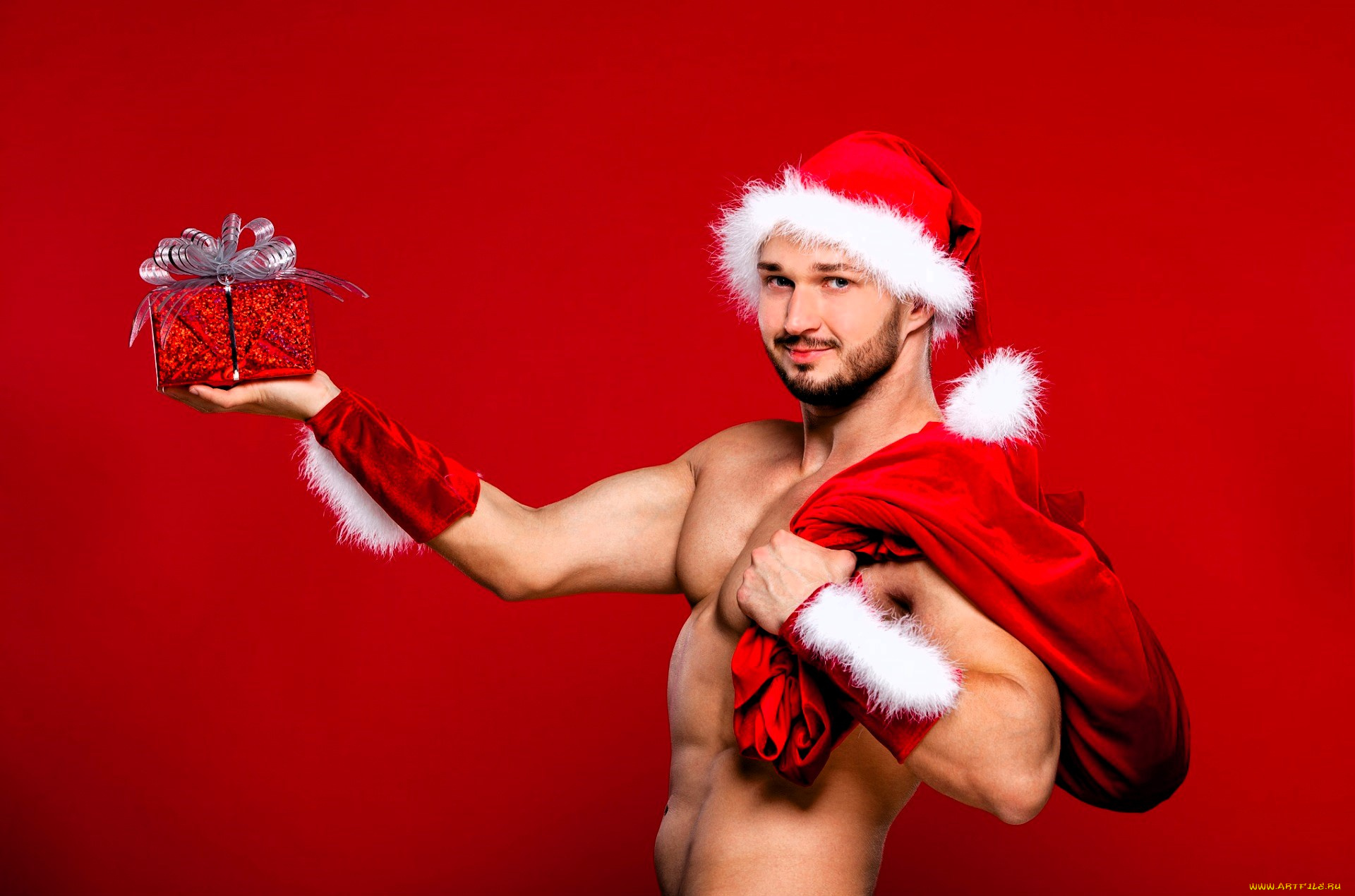 мужчины, -unsort, мужчина, шапка, борода, торс, мешок, подарок