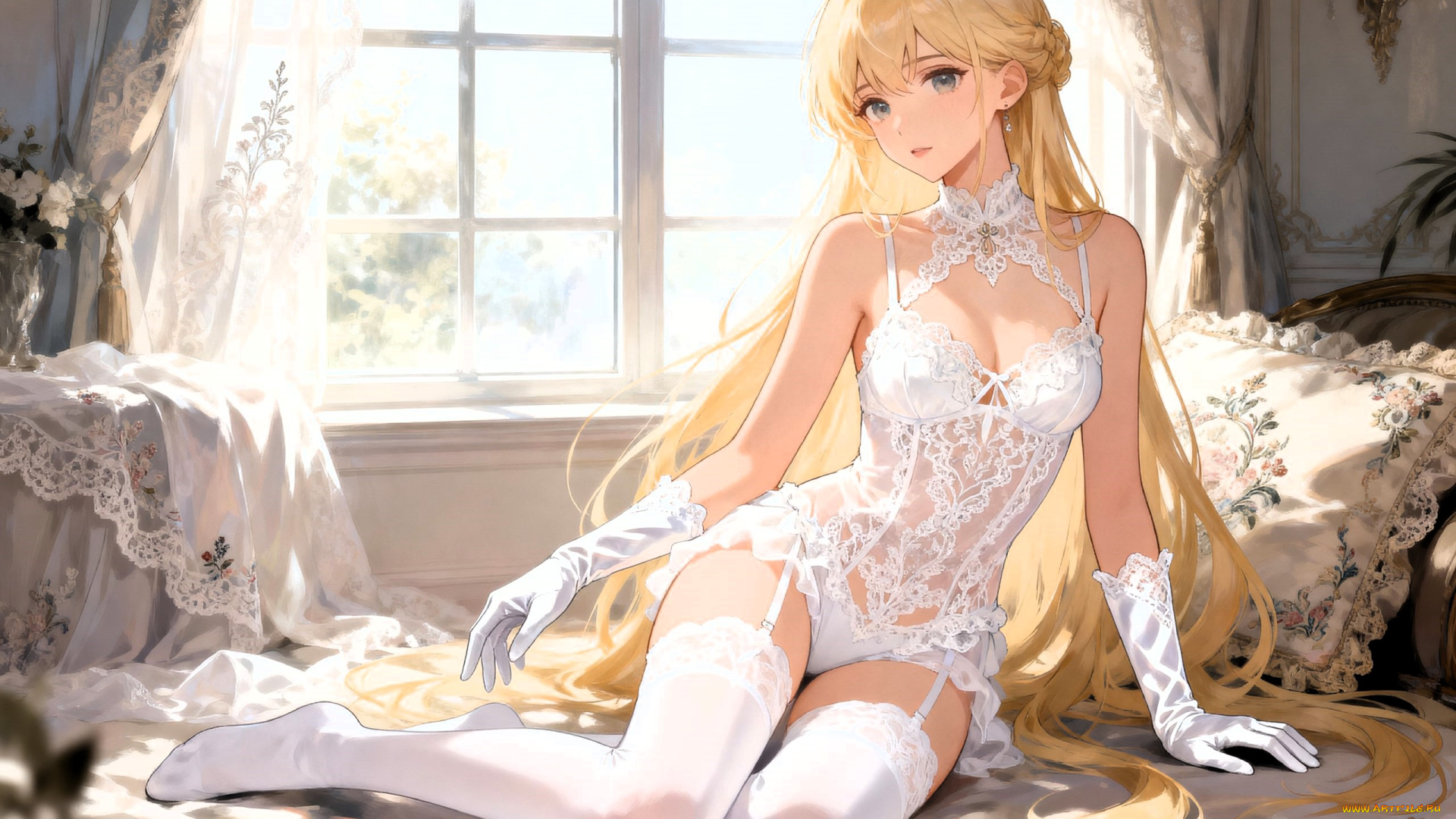 аниме, unknown, , другое, , девушка, блондинка, белье, перчатки, чулки, окно, кровать, подушка