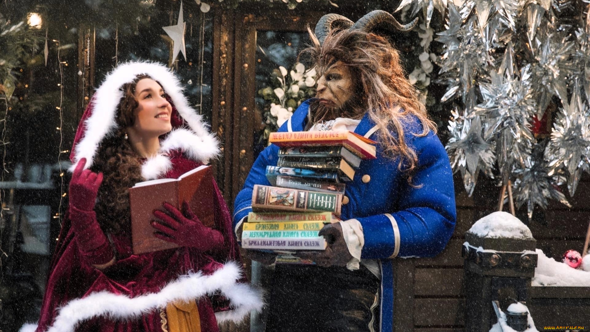 девушки, анна, шаховская, образы, косплей, наряды, костюмы, снег, зима, книги, чудовище, здание, украшения, новый, год