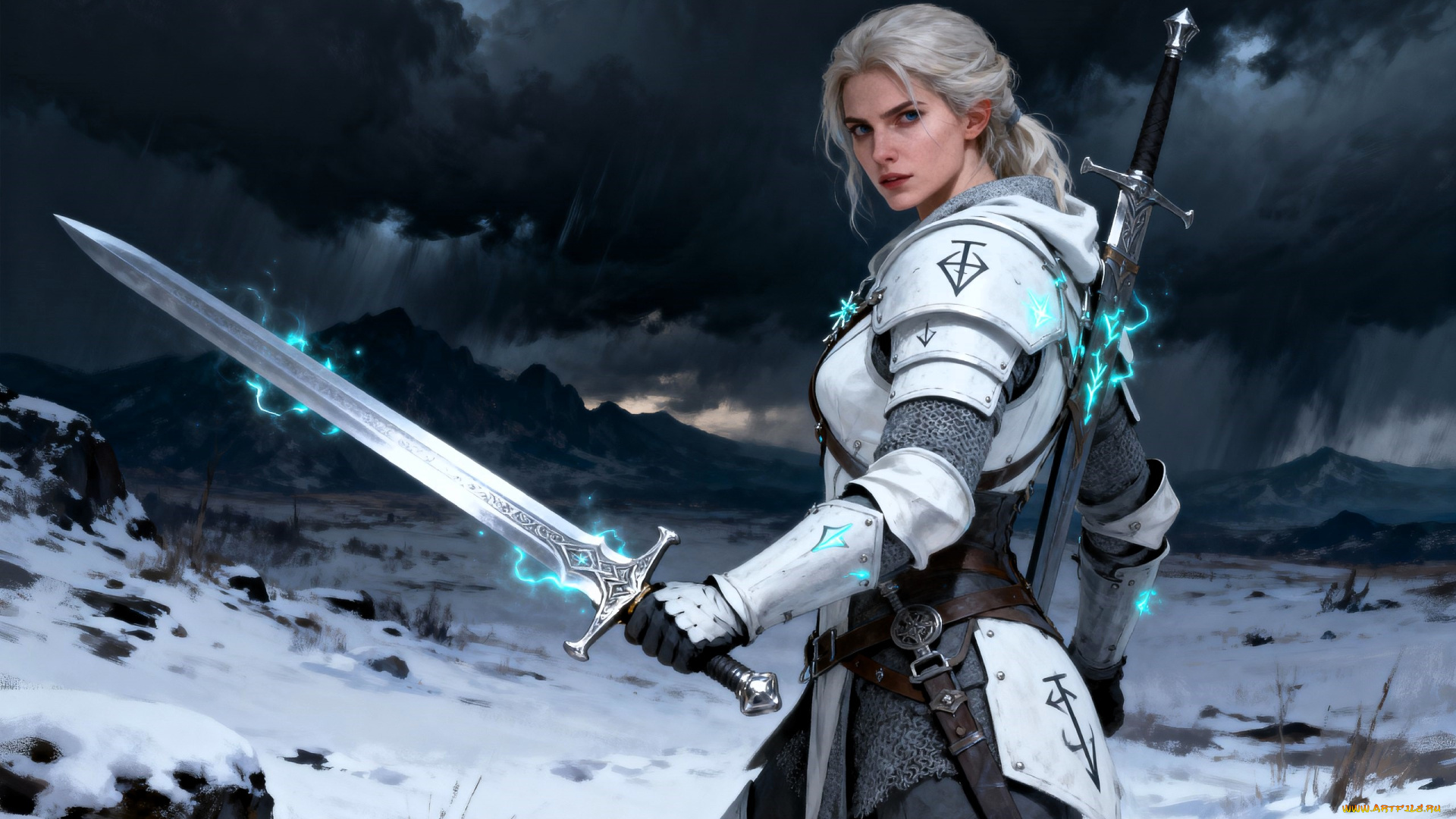фэнтези, девушки, девушка, воительница, доспехи, меч, магия, снег, горы, тучи