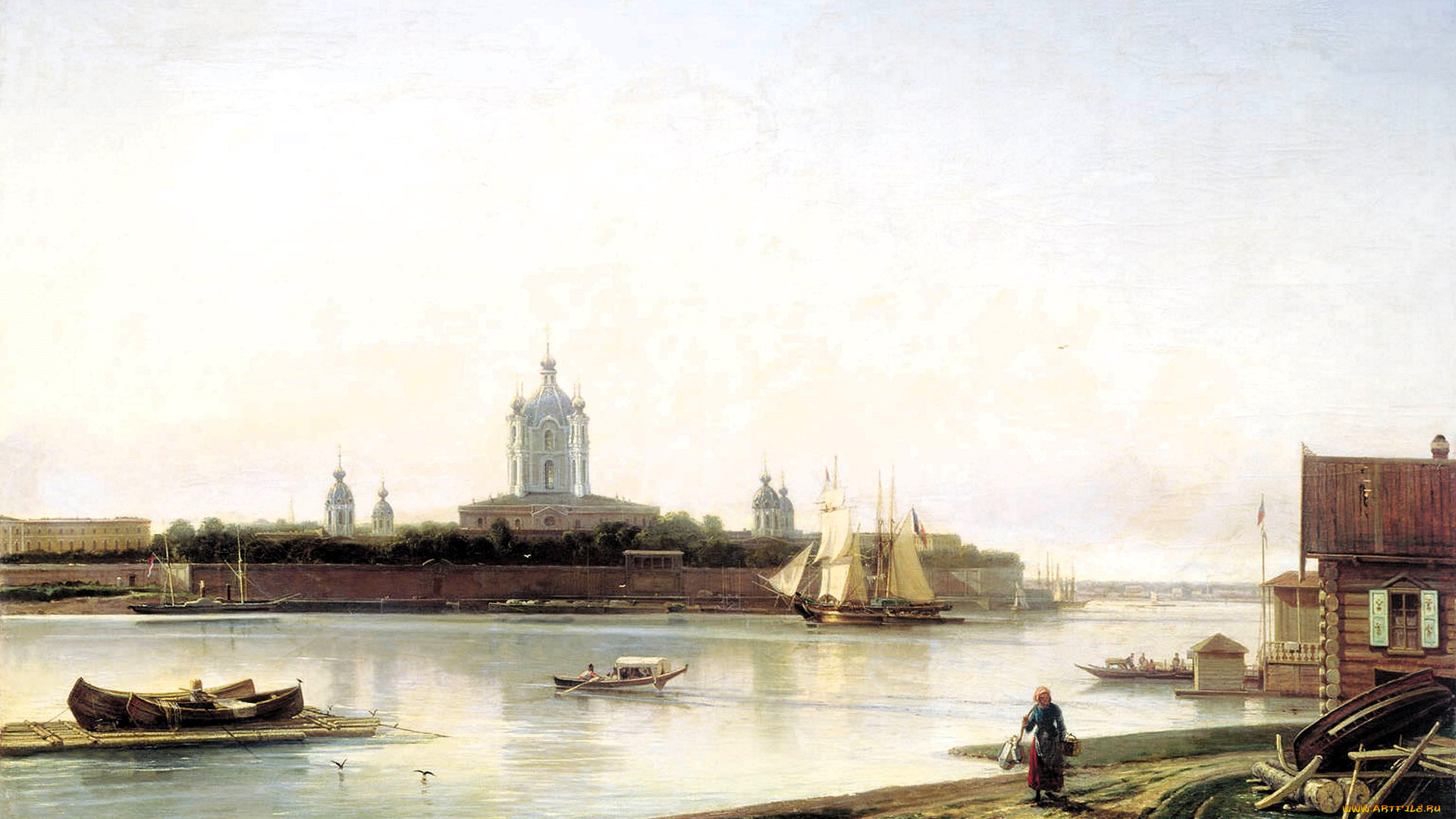 рисованное, алексей, боголюбов, город, церковь, река, парусник, люди, дома