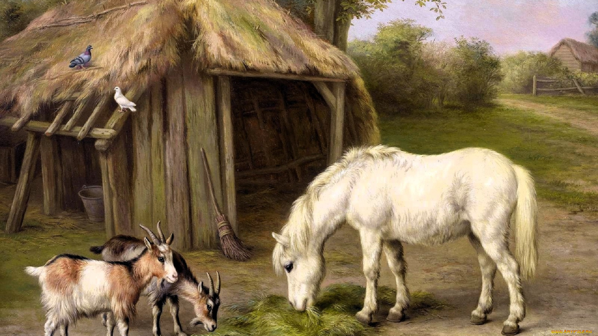 рисованное, edgar, hunt, лошадь, сено, сарай, козы, голуби, деревня
