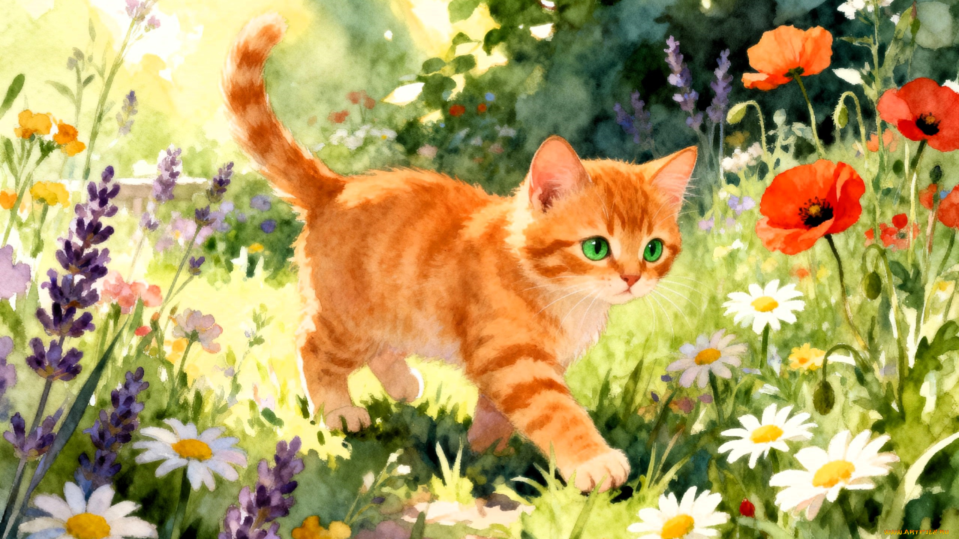 рисованное, животные, , коты, котенок, сад, цветы, трава