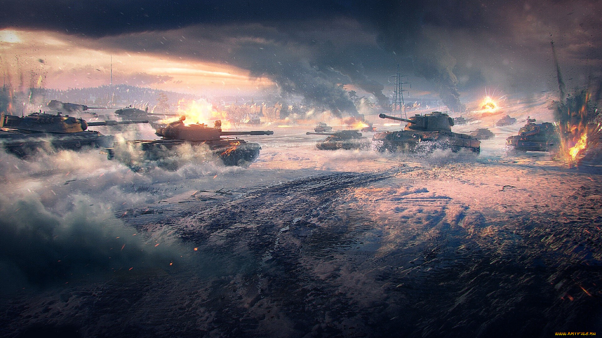 видео, игры, world, of, tanks, танки, поле, снег, зима, тучи, дым
