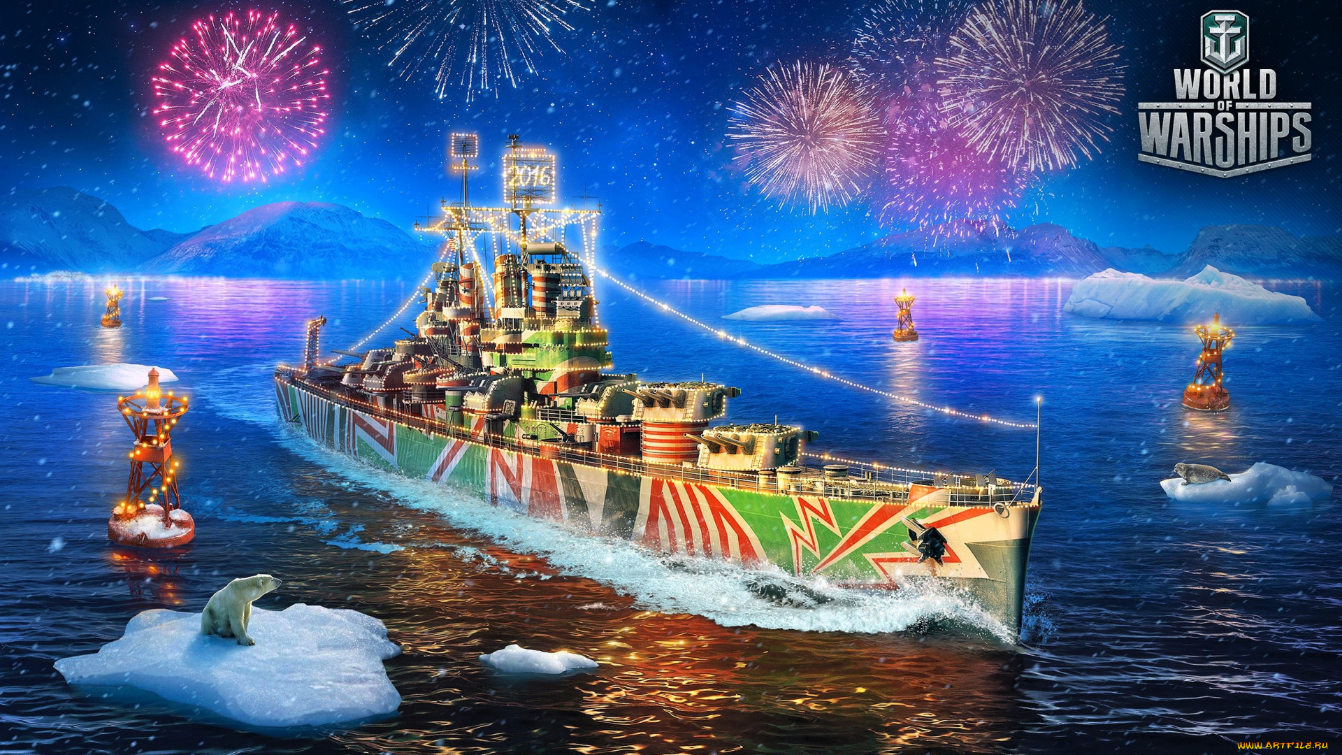 видео, игры, world, of, warships, корабль, огни, море, буй, новый, год, салют, горы, медведь, льды