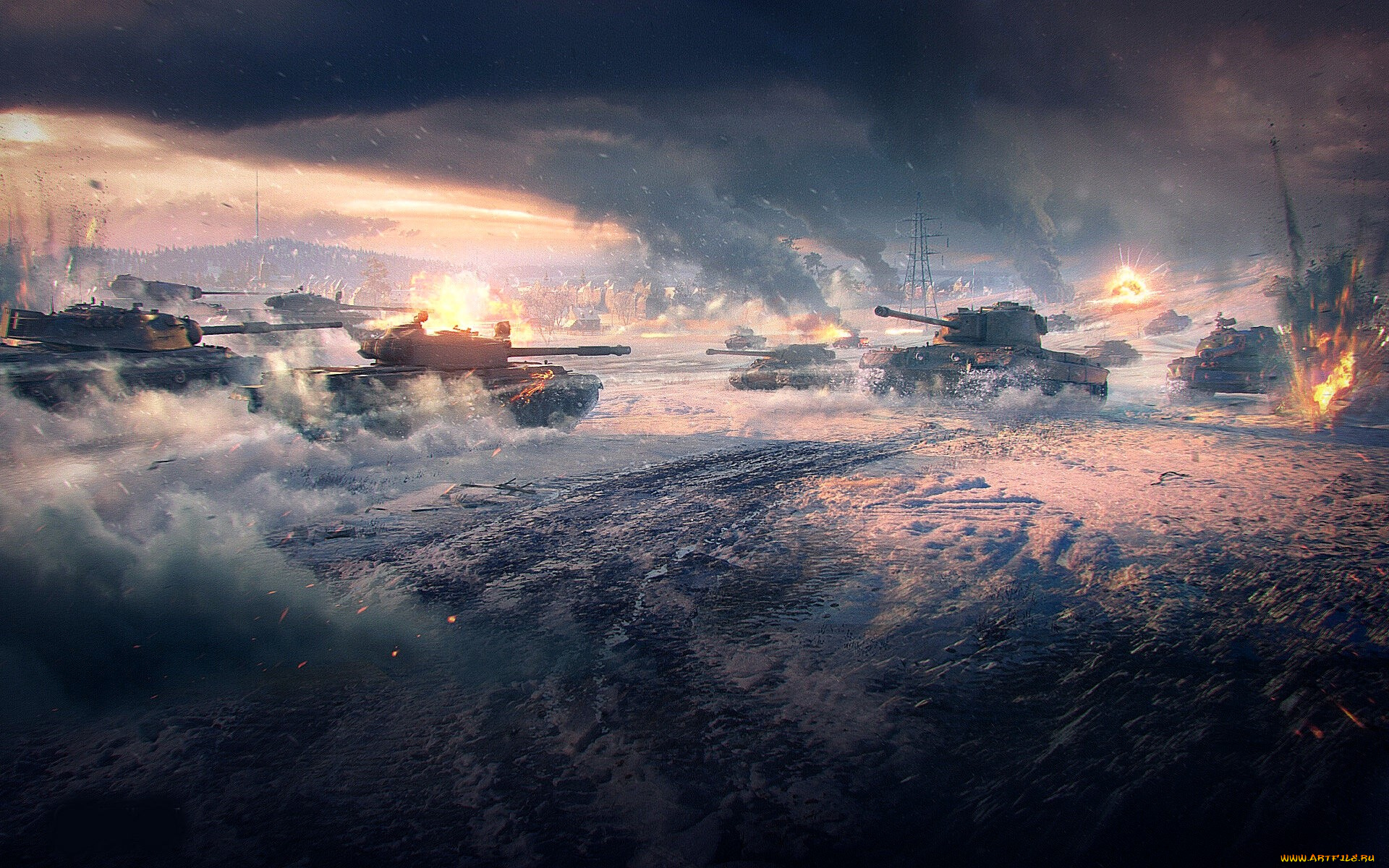 видео, игры, world, of, tanks, танки, поле, снег, зима, тучи, дым