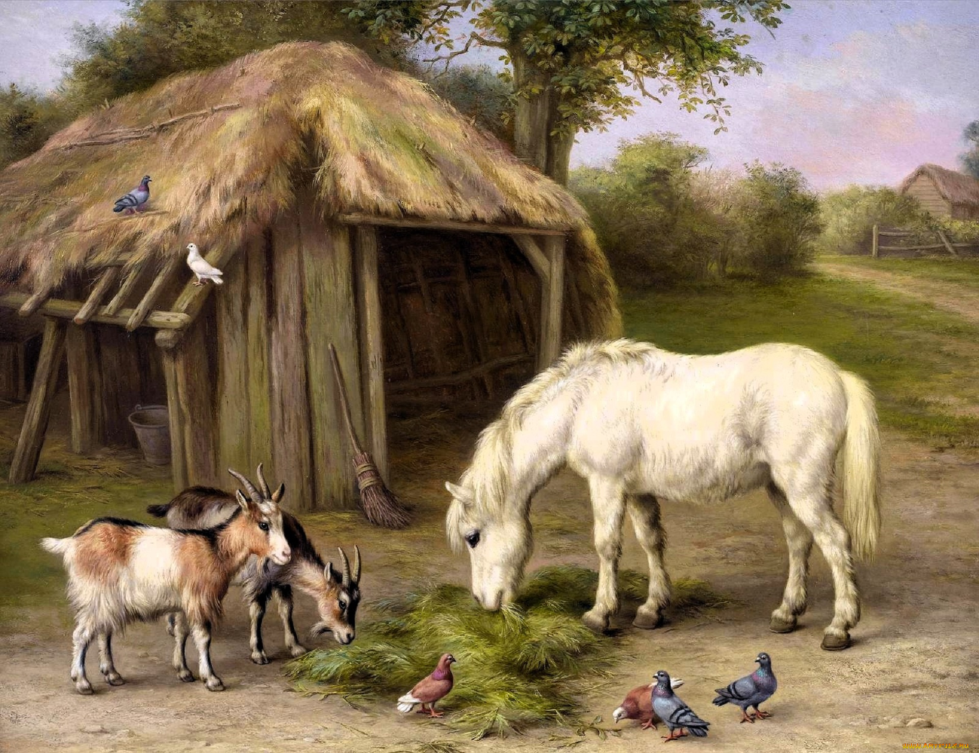 рисованное, edgar, hunt, лошадь, сено, сарай, козы, голуби, деревня