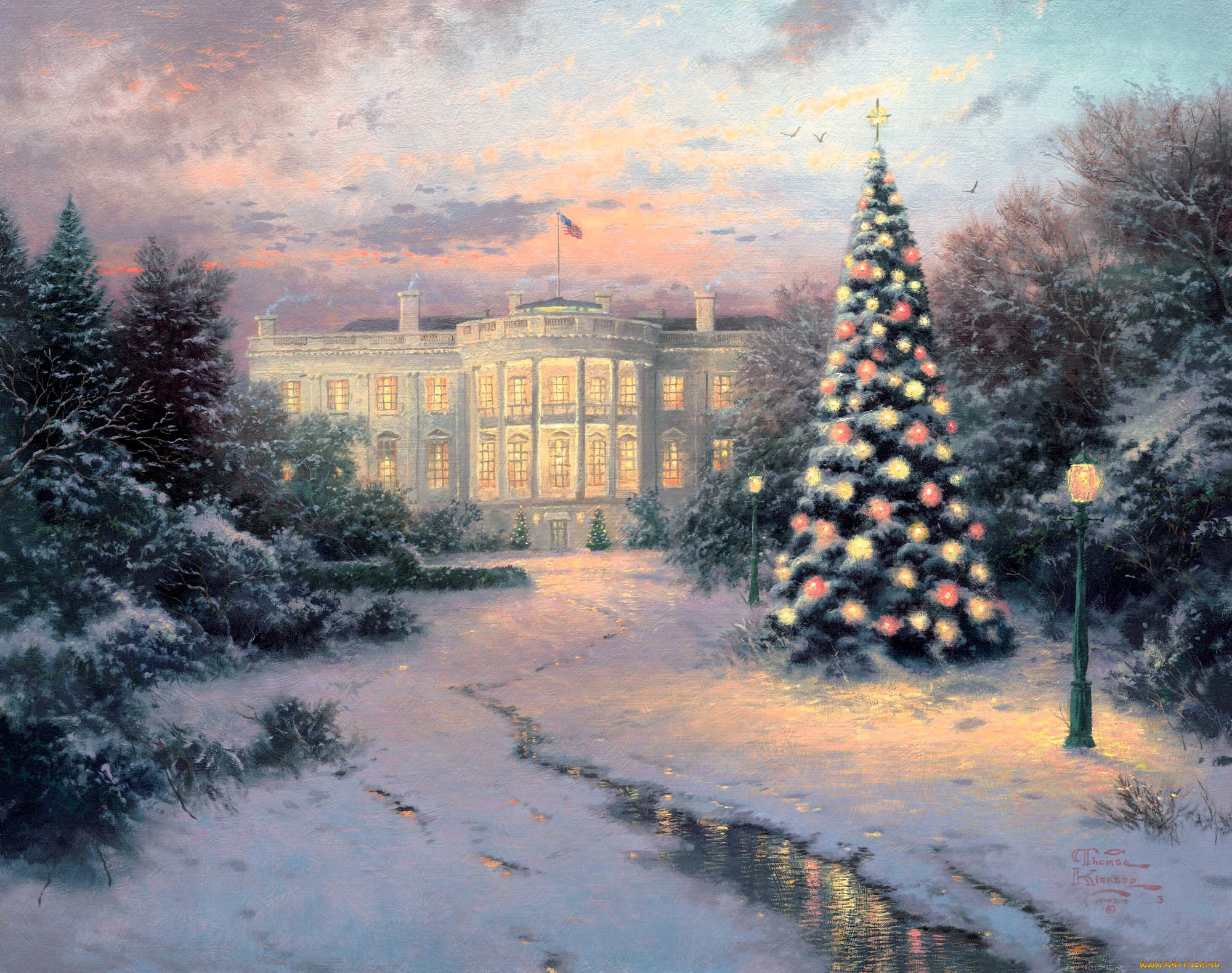 рисованное, thomas, kinkade, ёлка, новый, год, деревья, снег, зима, свет, особняк