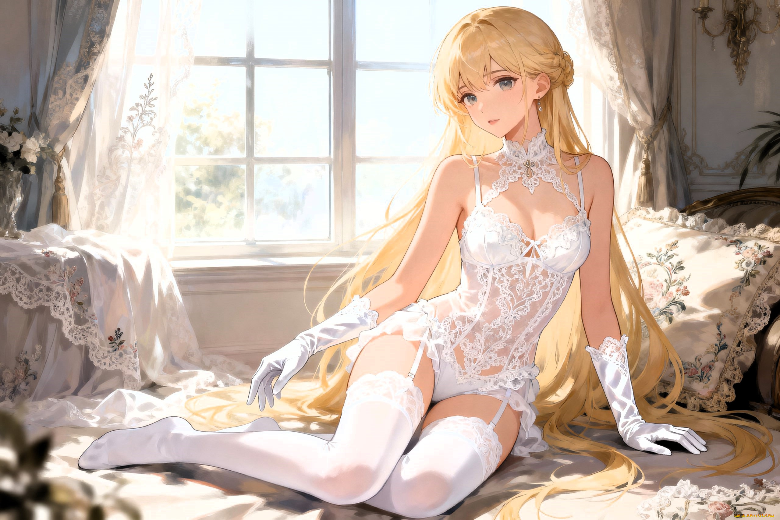 аниме, unknown, , другое, , девушка, блондинка, белье, перчатки, чулки, окно, кровать, подушка