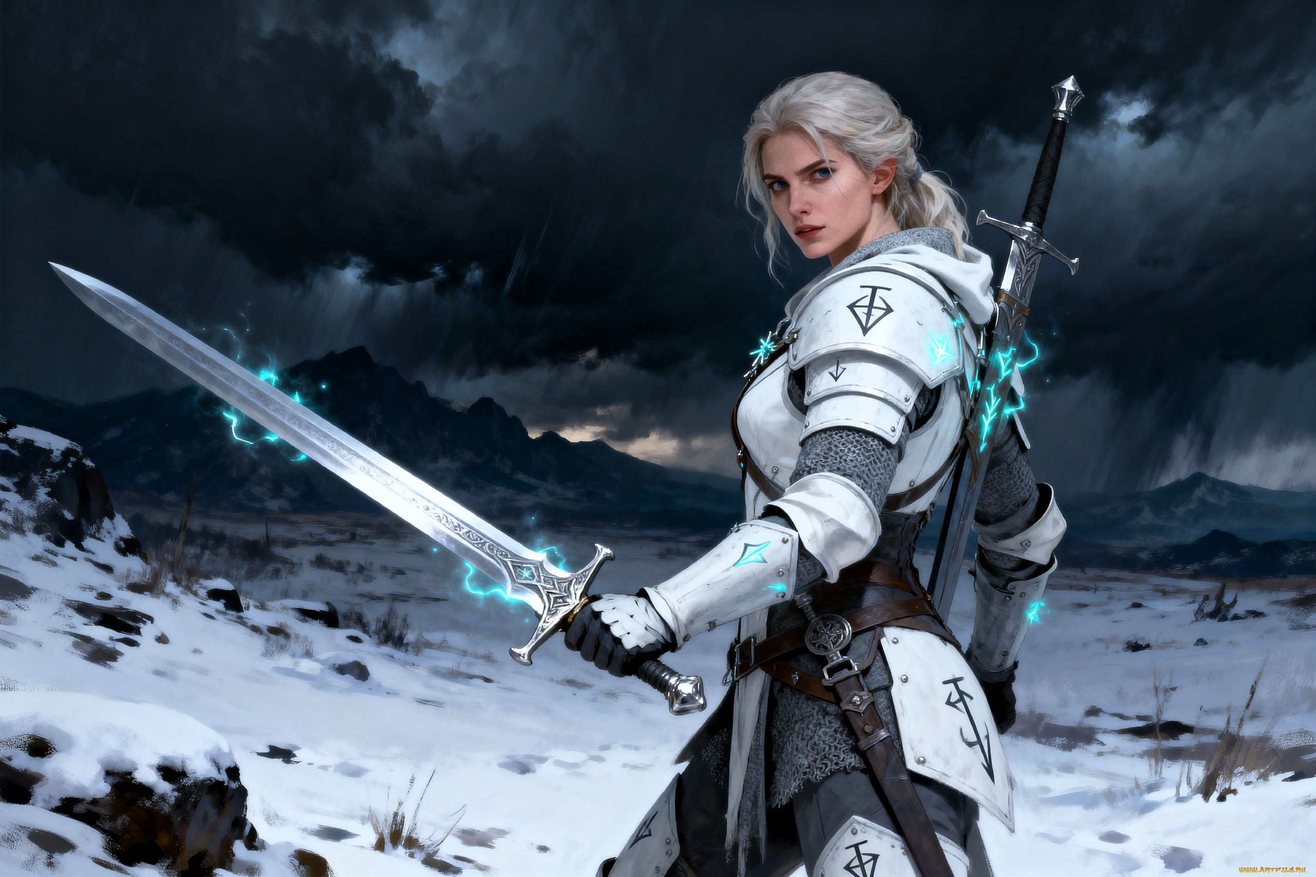 фэнтези, девушки, девушка, воительница, доспехи, меч, магия, снег, горы, тучи