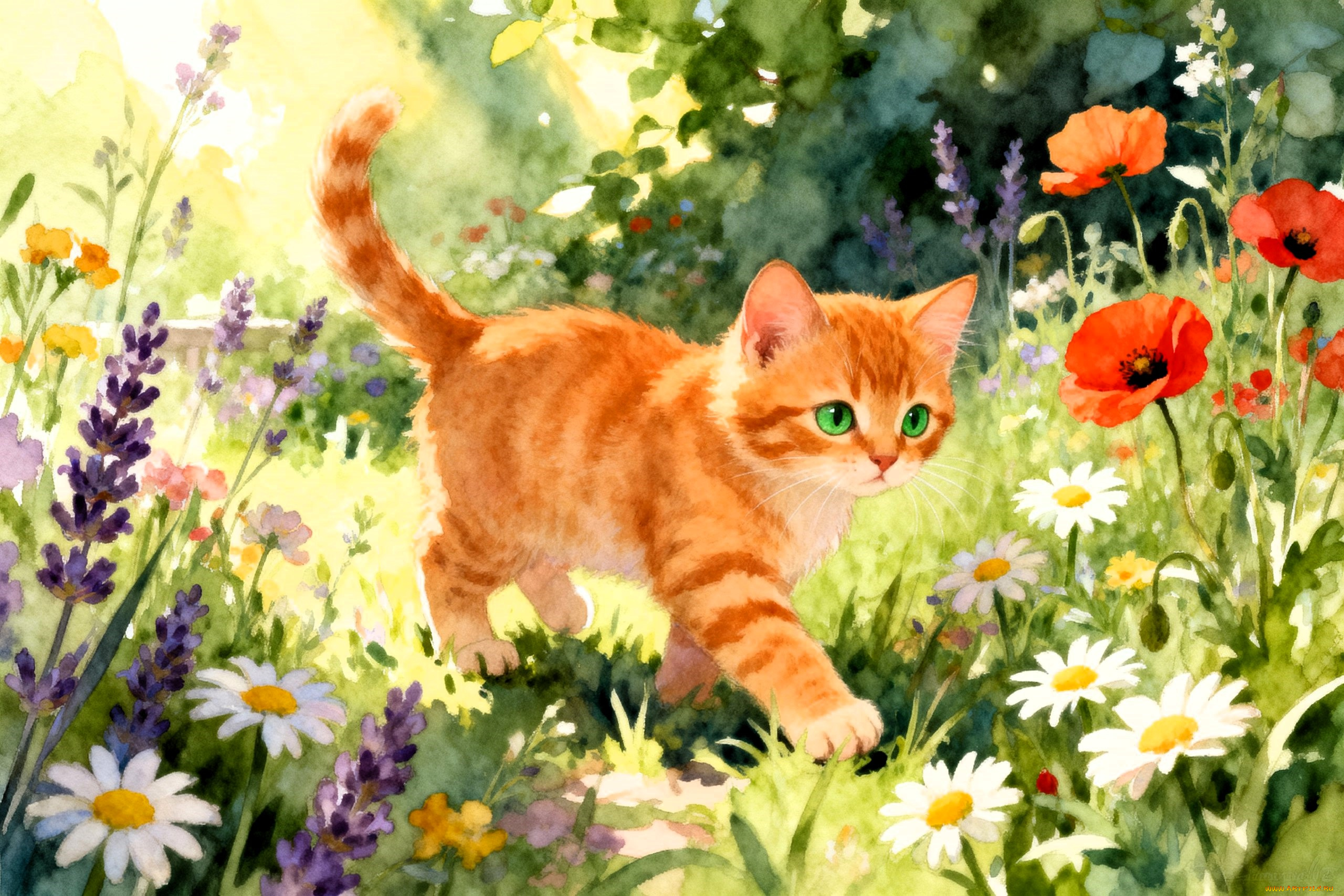 рисованное, животные, , коты, котенок, сад, цветы, трава
