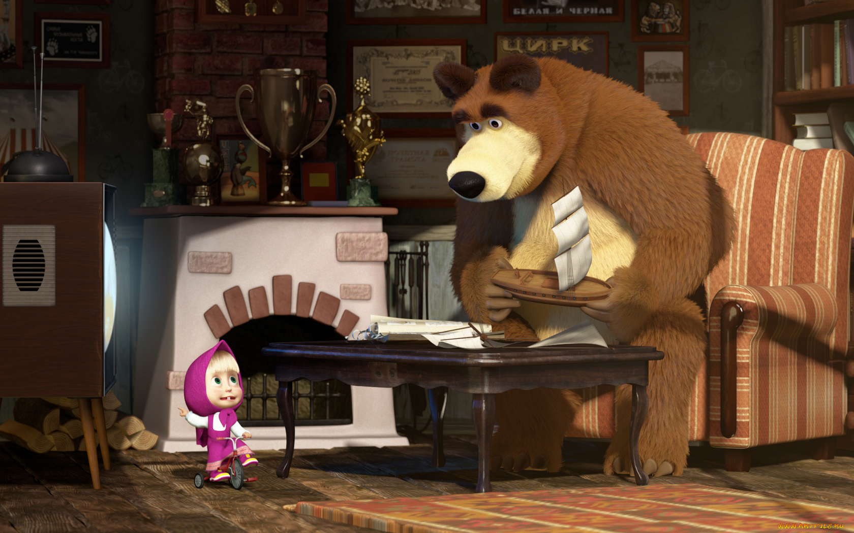 мультфильмы, маша, медведь, камин