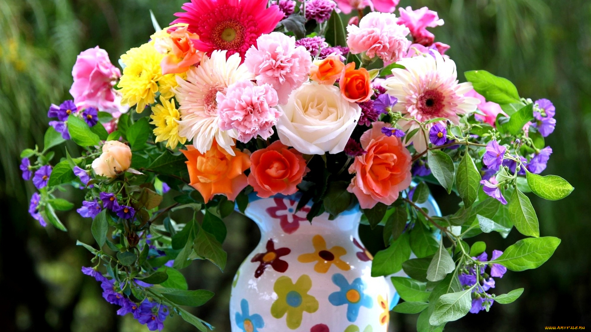 цветы, букеты, композиции, кувшин, гвоздики, хризантемы, герберы, розы