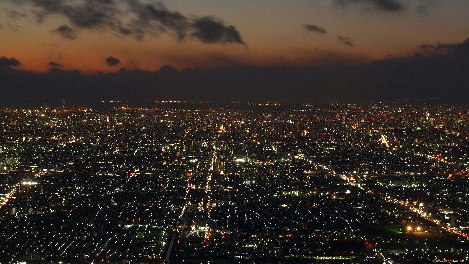 города, огни, ночного, облака, kyoto