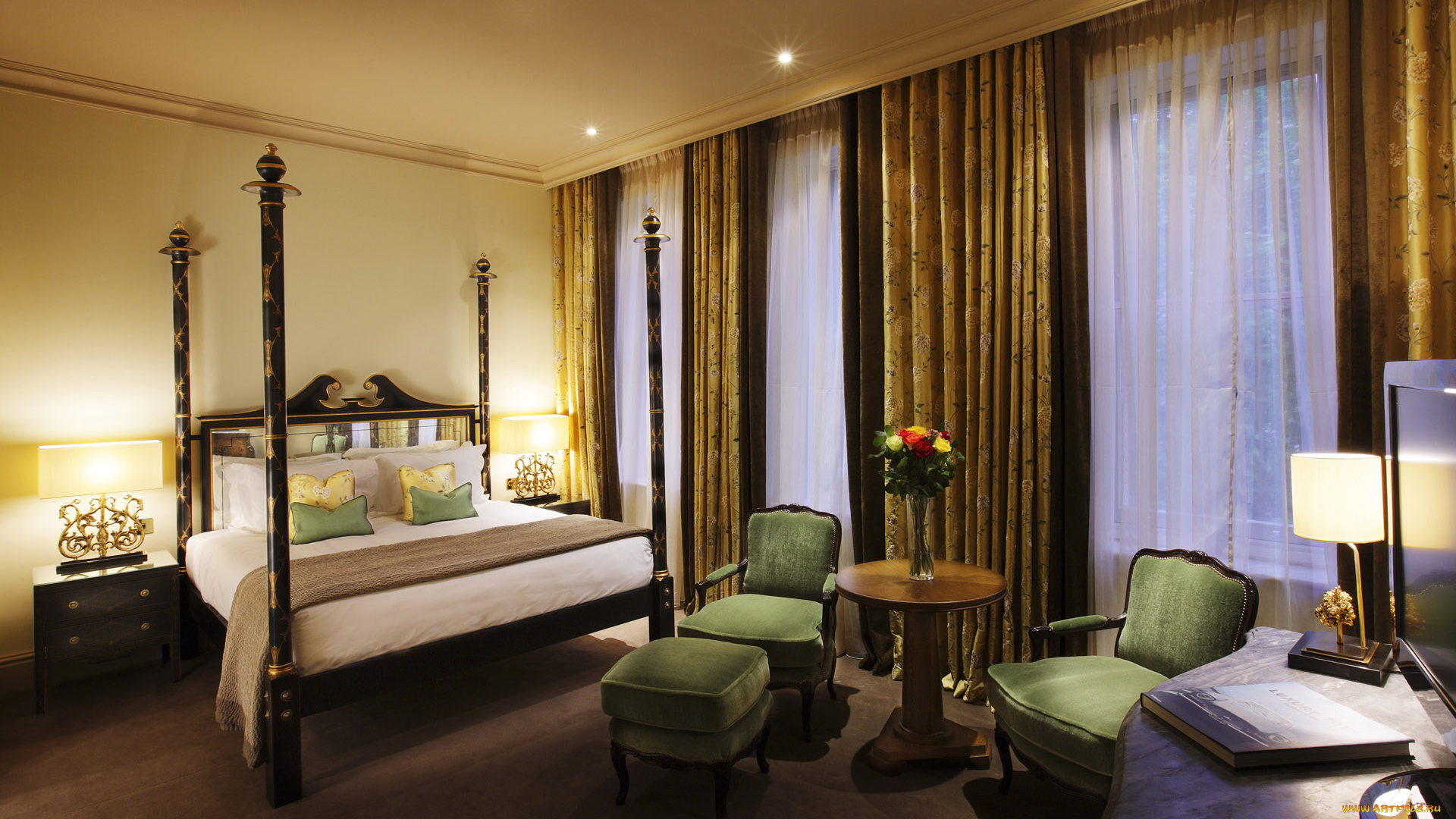 интерьер, спальня, кровать, столик, кресла