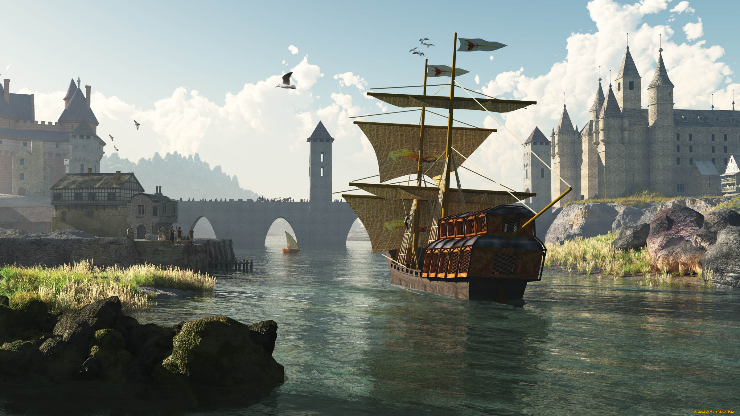 3д, графика, historical, история, мост, парусник, замок
