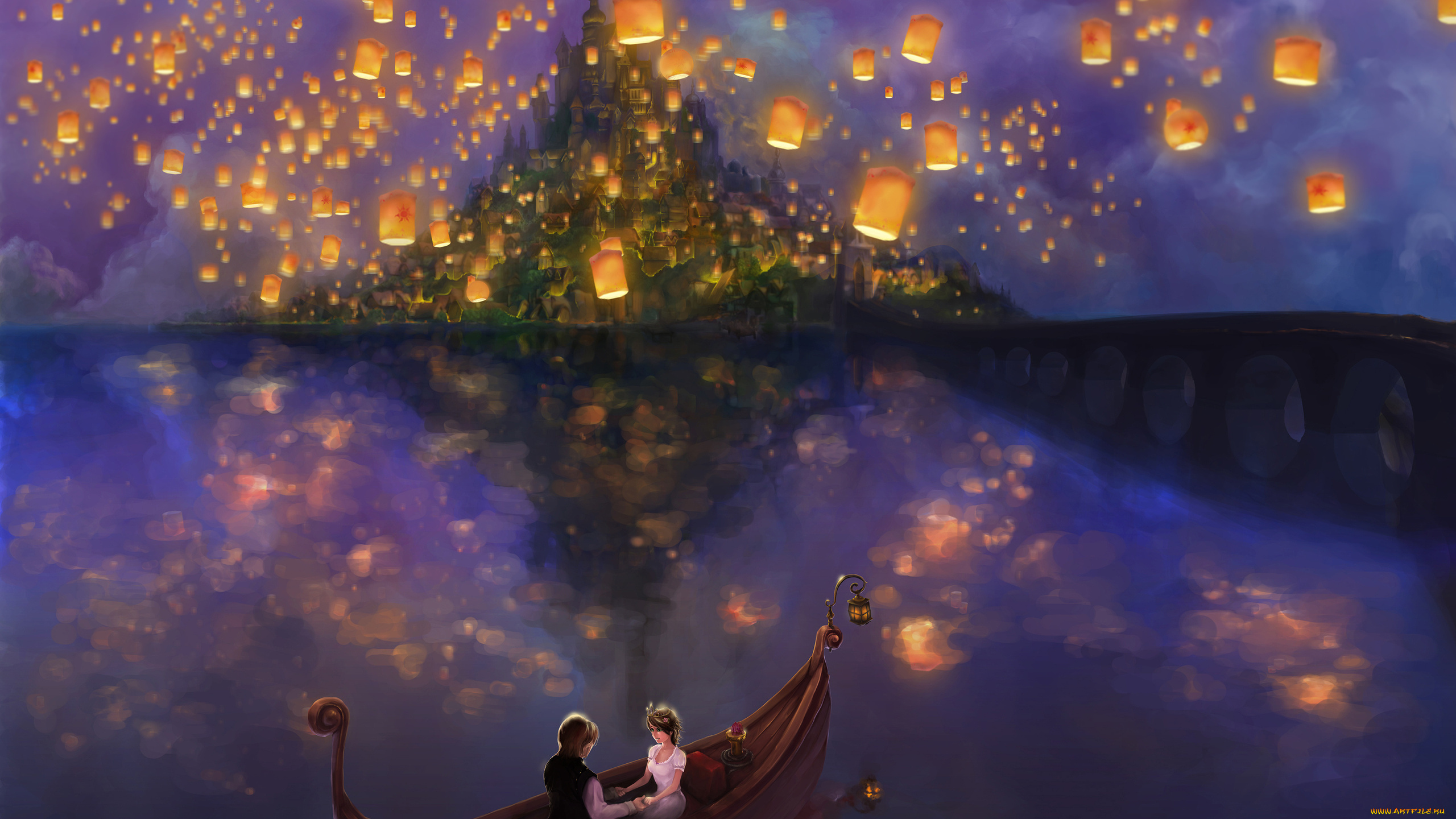 мультфильмы, tangled, рапунцель, фонарики, флинн