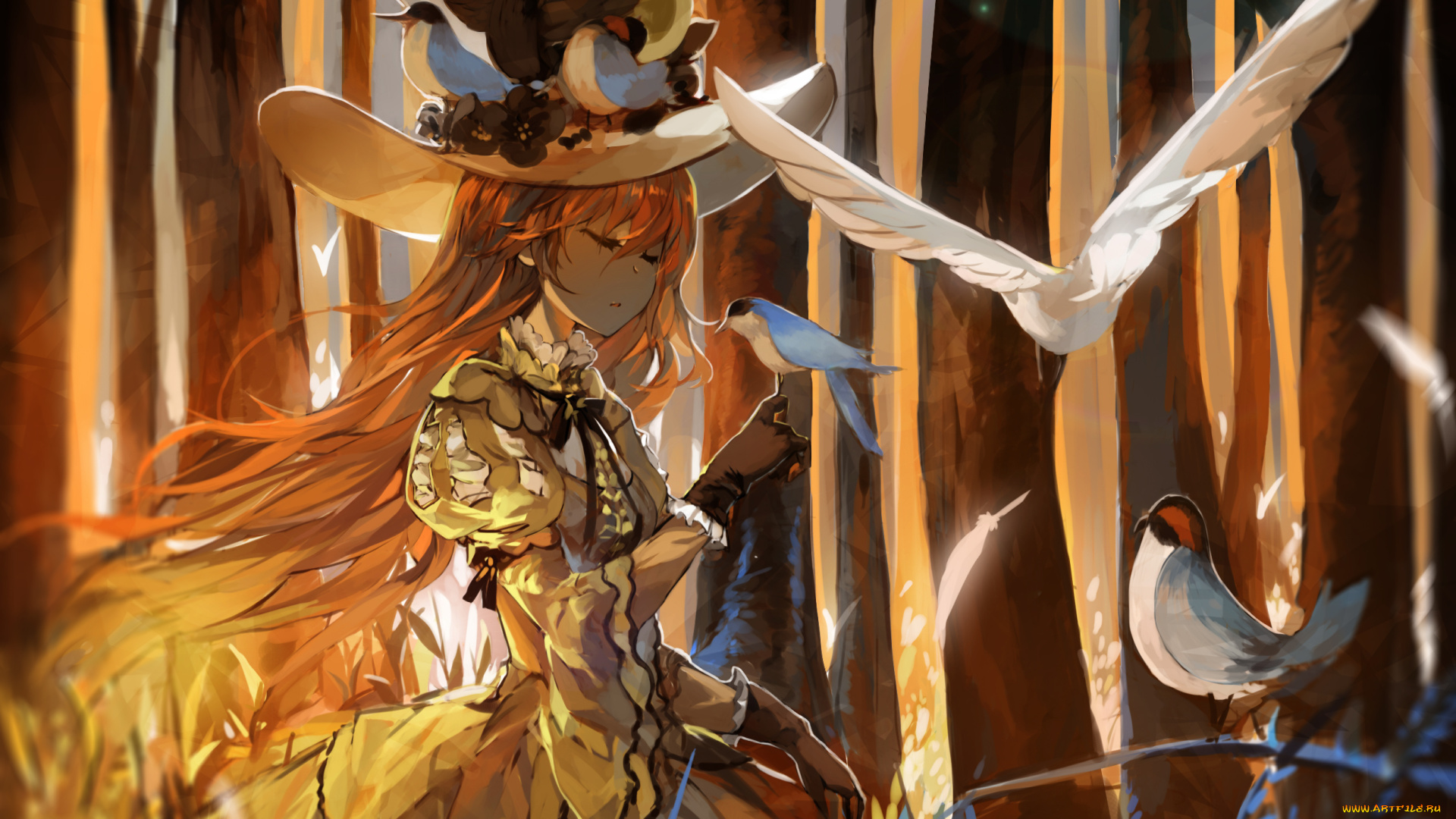 by, saberiii, аниме, *unknown, другое, цветы, птицы, девушка, шляпа, лес