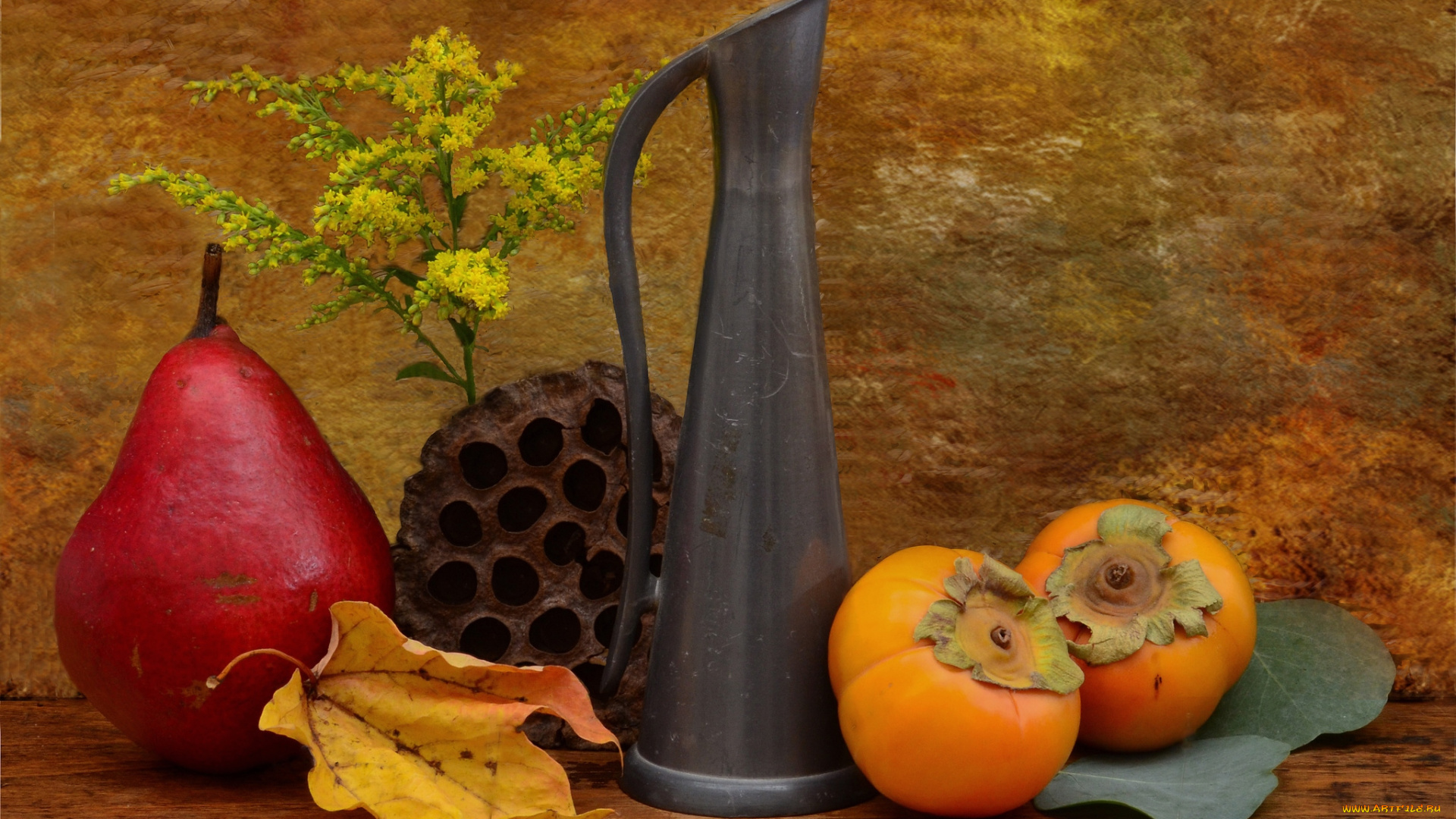 еда, натюрморт, груша, хурма, лотос, кувшин