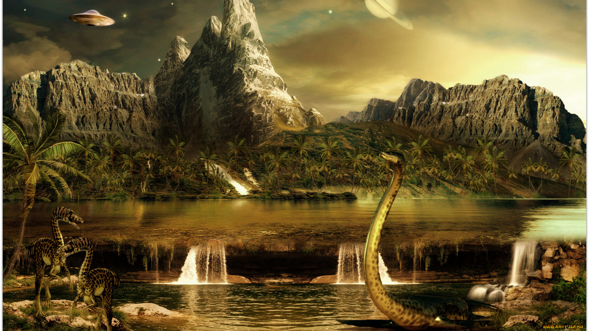 фэнтези, пейзажи, горы, озеро, динозавры