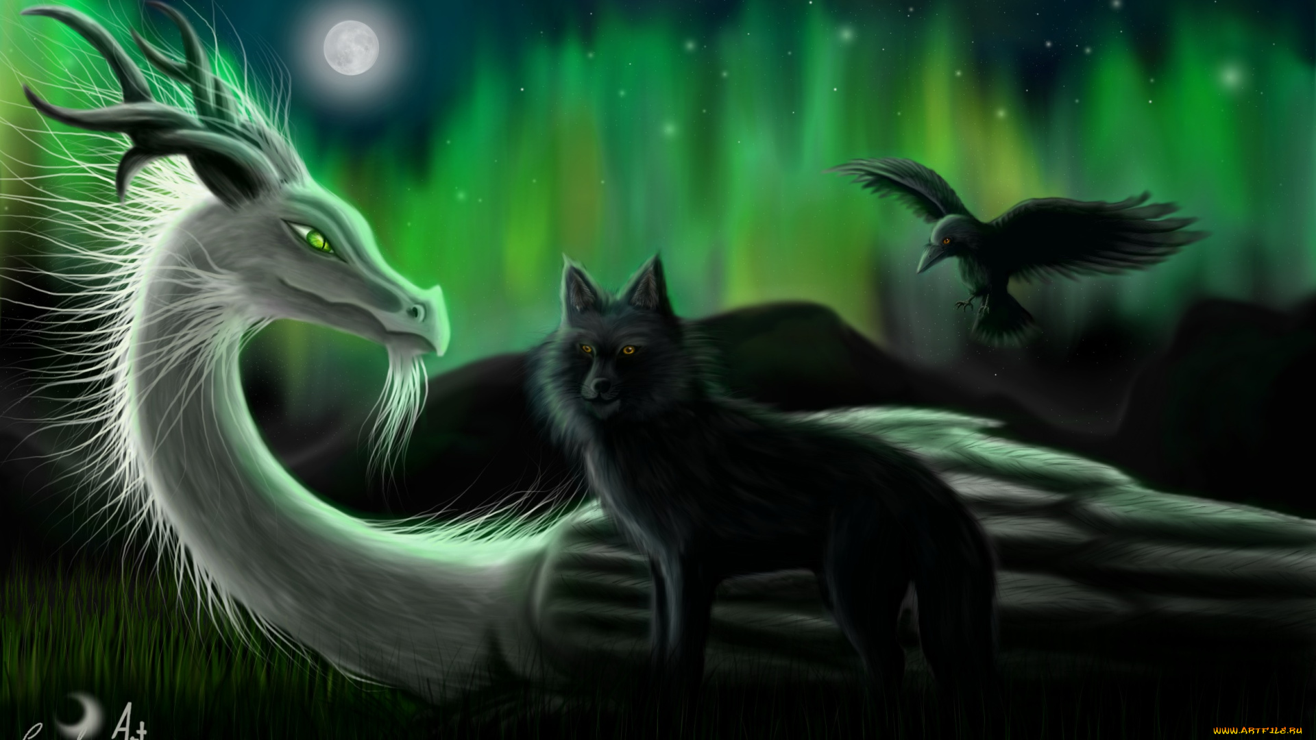 фэнтези, существа, ворон, змей, волк, луна, трава, звёзды