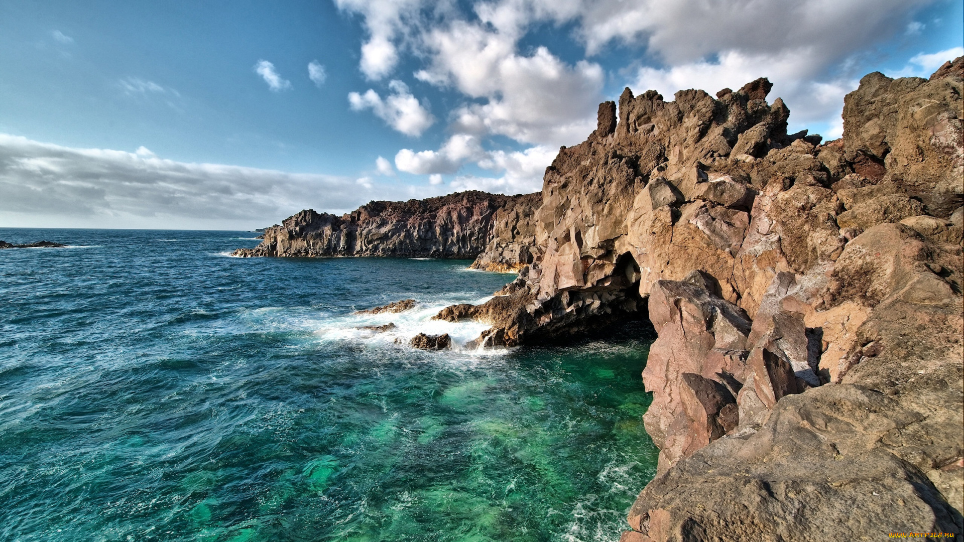 природа, побережье, облака, скалы, океан
