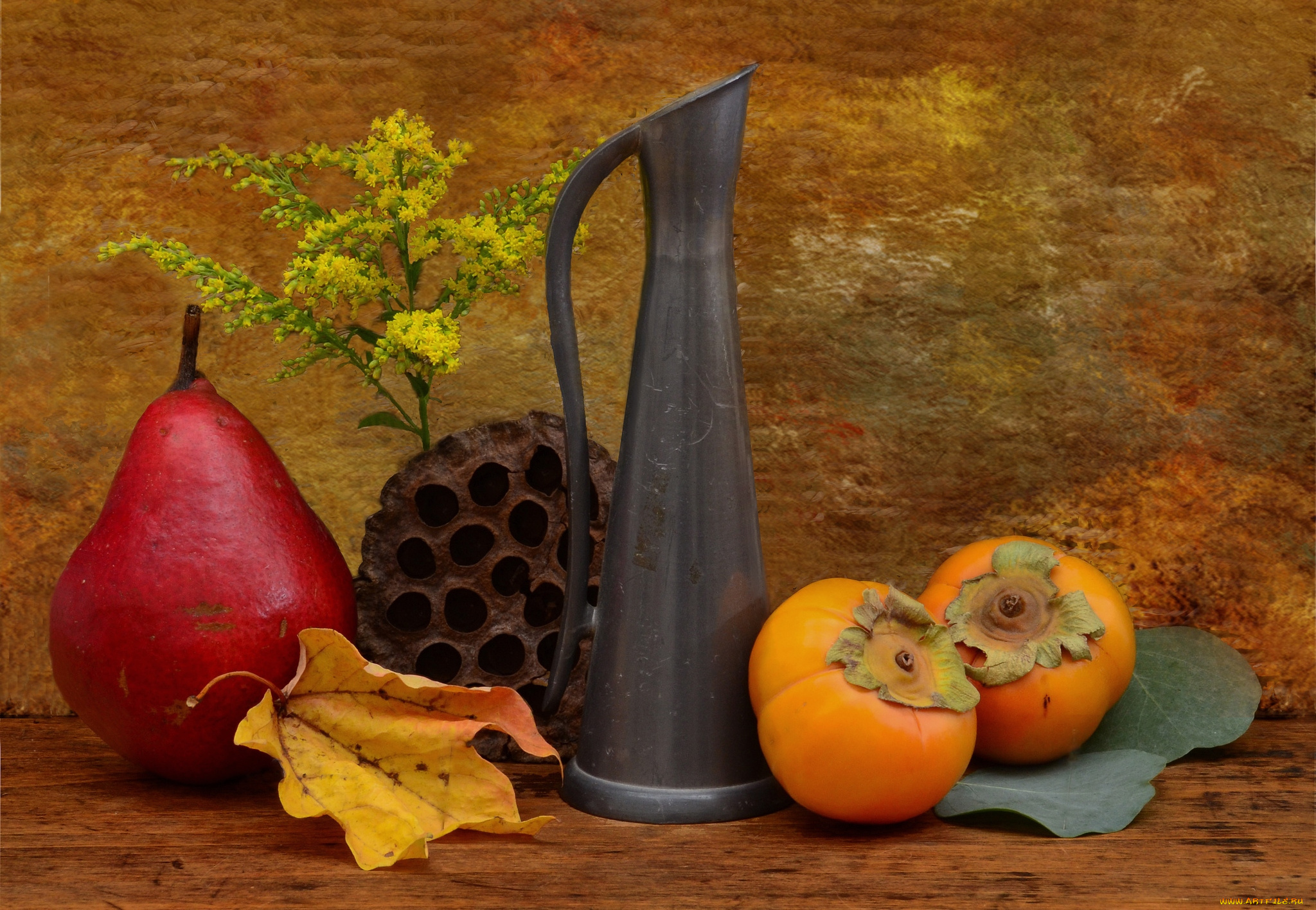 еда, натюрморт, груша, хурма, лотос, кувшин