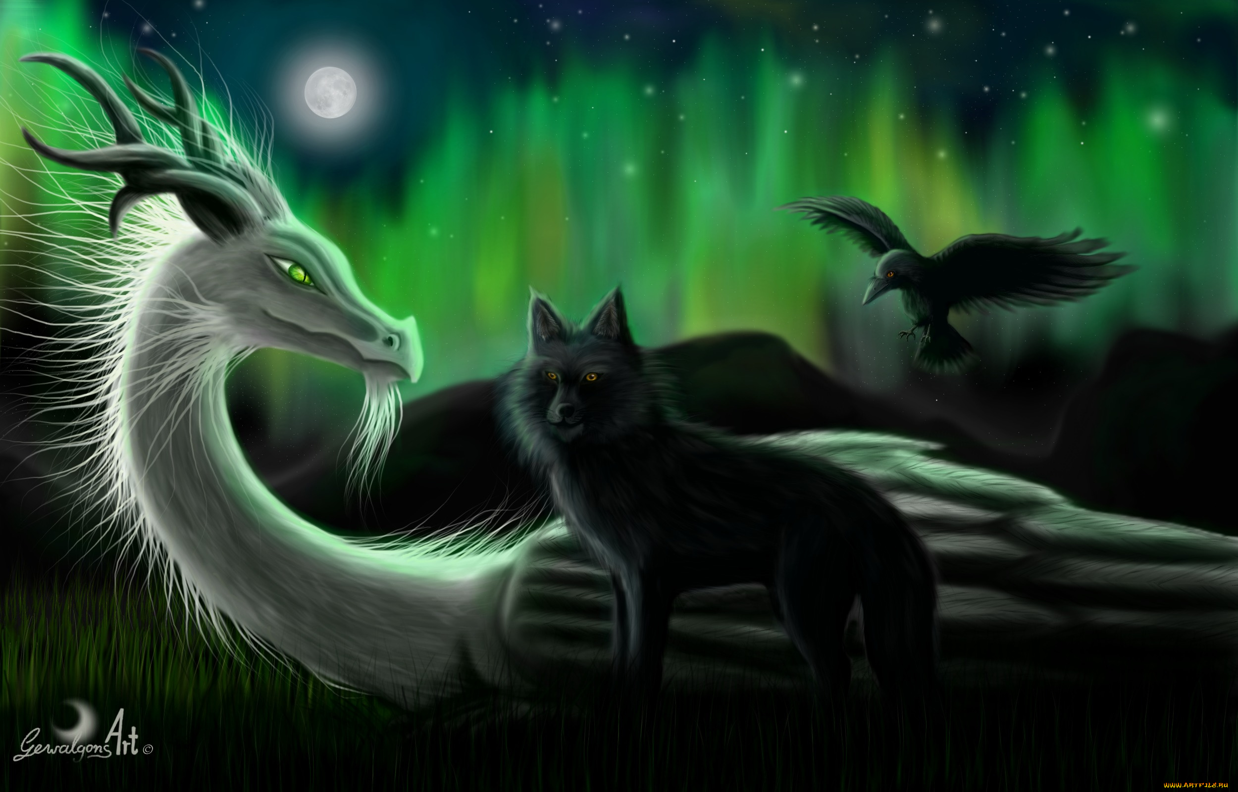 фэнтези, существа, ворон, змей, волк, луна, трава, звёзды