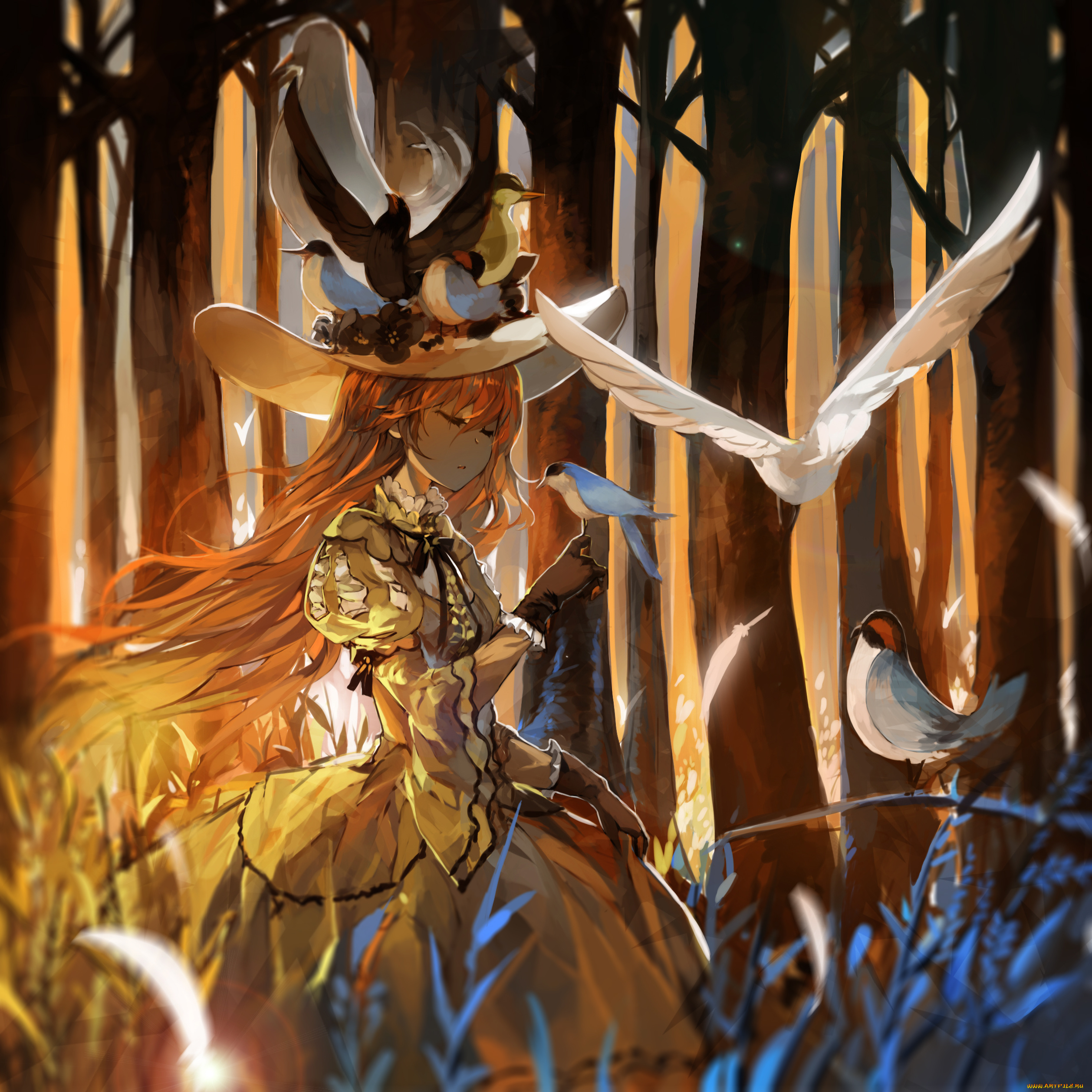 by, saberiii, аниме, *unknown, другое, цветы, птицы, девушка, шляпа, лес