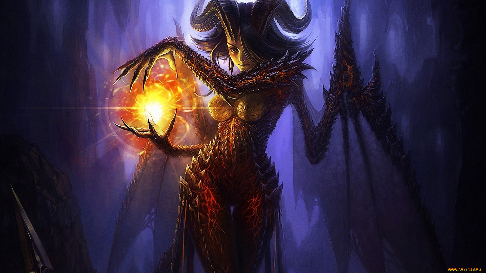 фэнтези, демоны, демон, суккуб, рога, светящийся, шар, магия