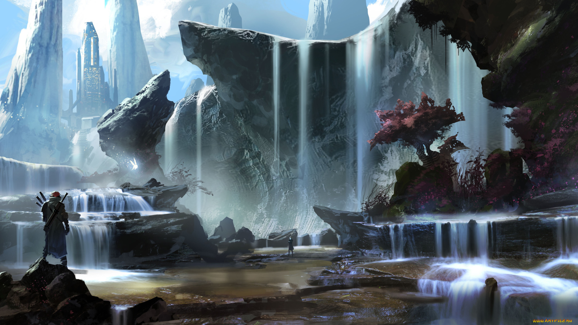 фэнтези, иные, миры, , иные, времена, воин, водопад, скалы, мир, иной, город, даль