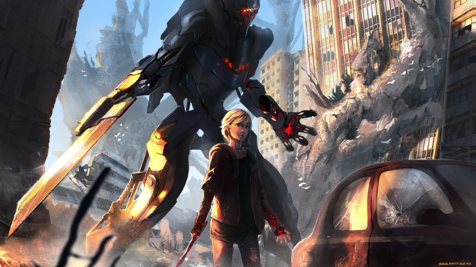 фэнтези, красавицы, и, чудовища, девушка, разрушения, руины, постапокалипсис, робот