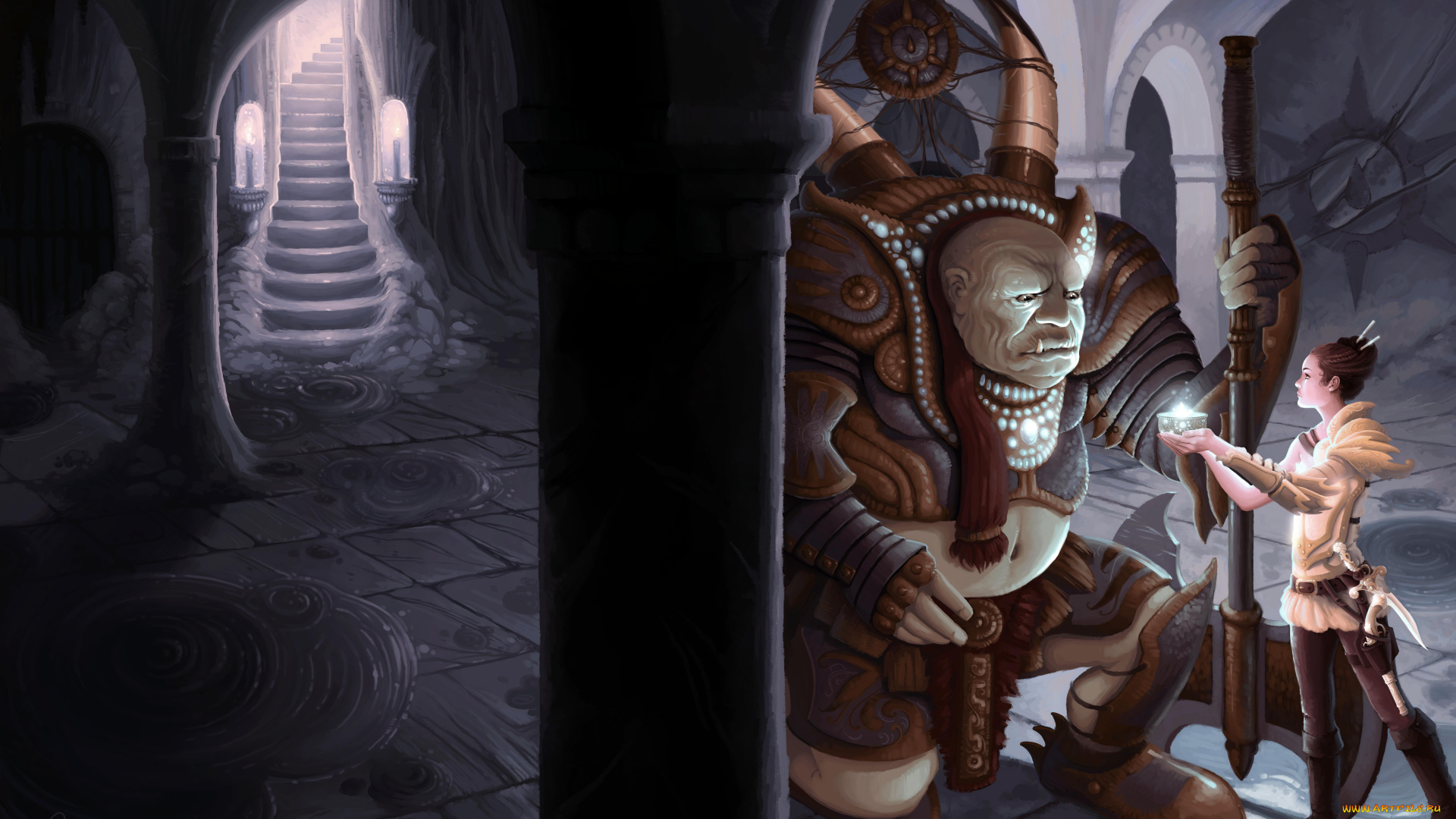 фэнтези, красавицы, и, чудовища, повиновение, тролль, девушка, существо, зал, колонны