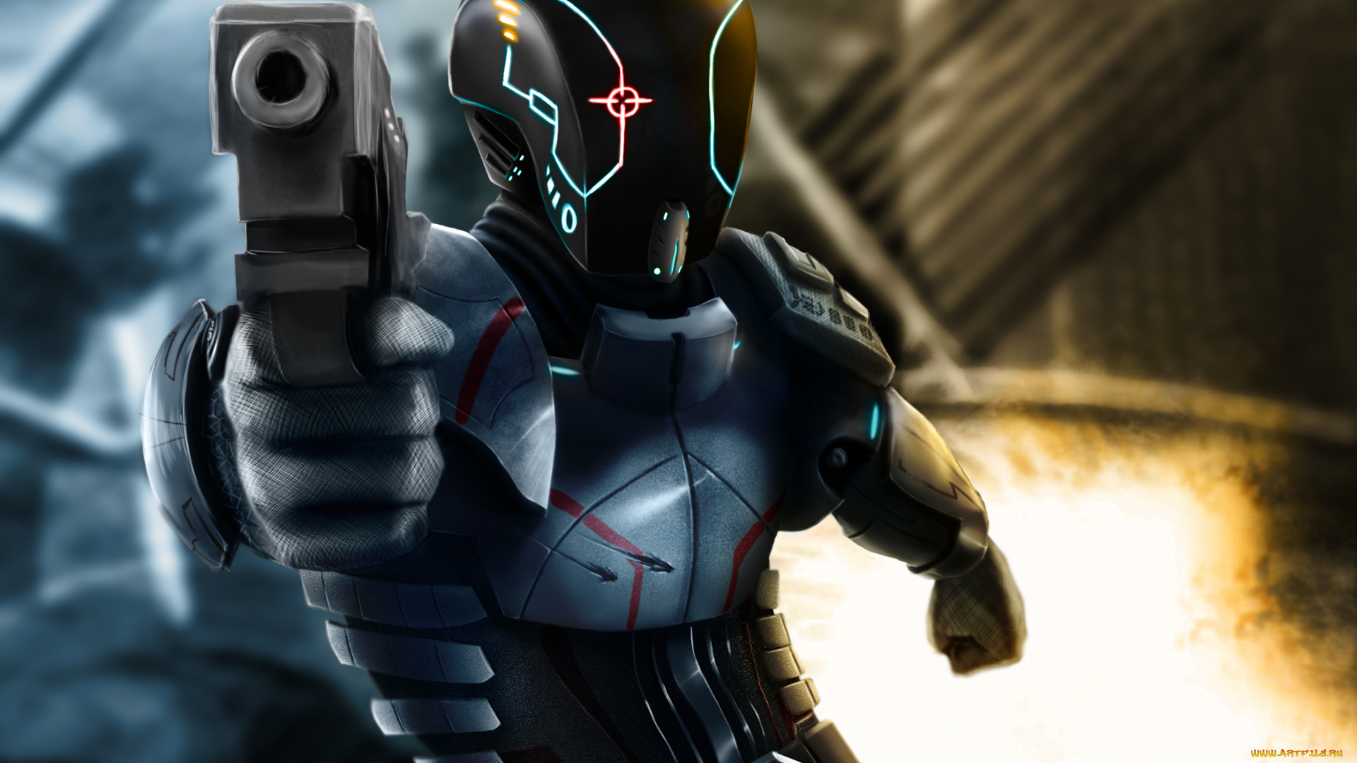 фэнтези, люди, костюм, защитный, солдат, шлем, пистилет