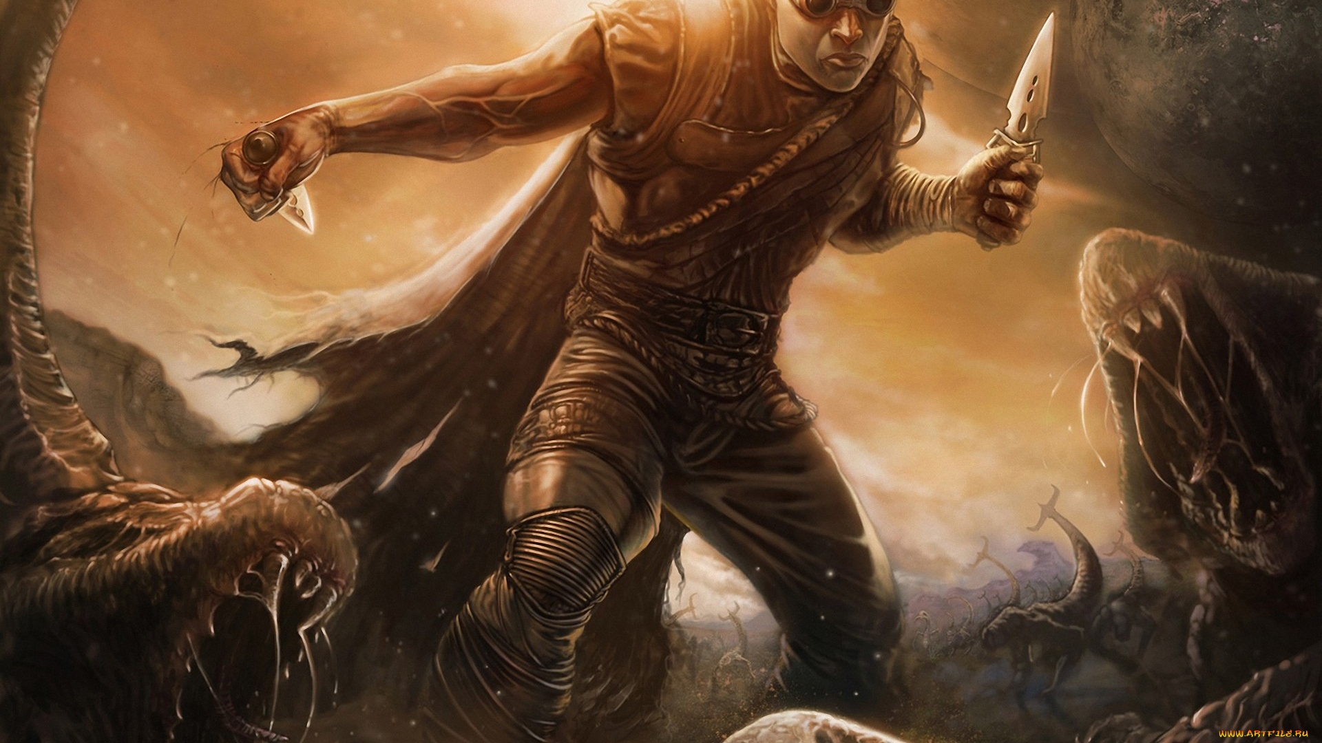 riddick, 2013, рисованные, кино, монстры, ножи, очки, чудовища