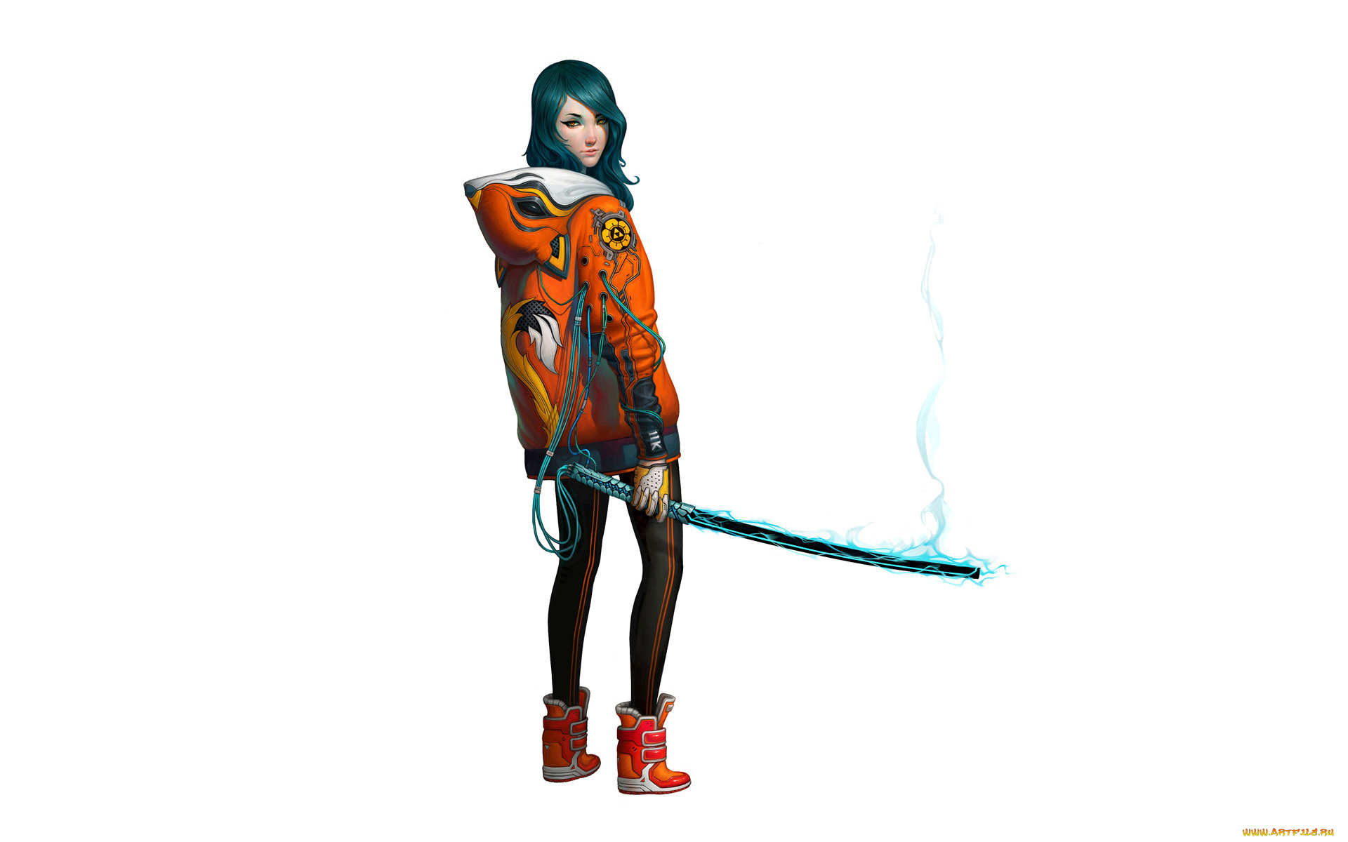 девушка, робот, рисованные, -, другое, девушка, робот, механизм, стиль, меч