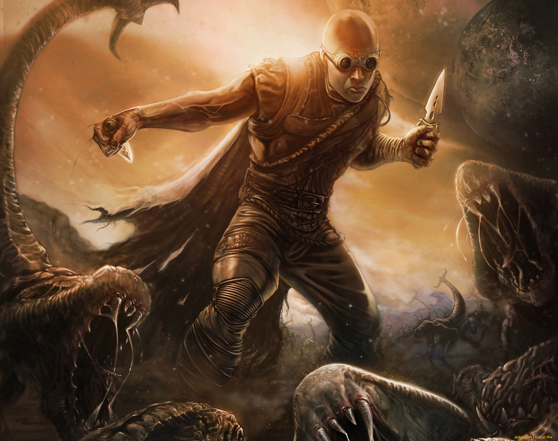 riddick, 2013, рисованные, кино, монстры, ножи, очки, чудовища