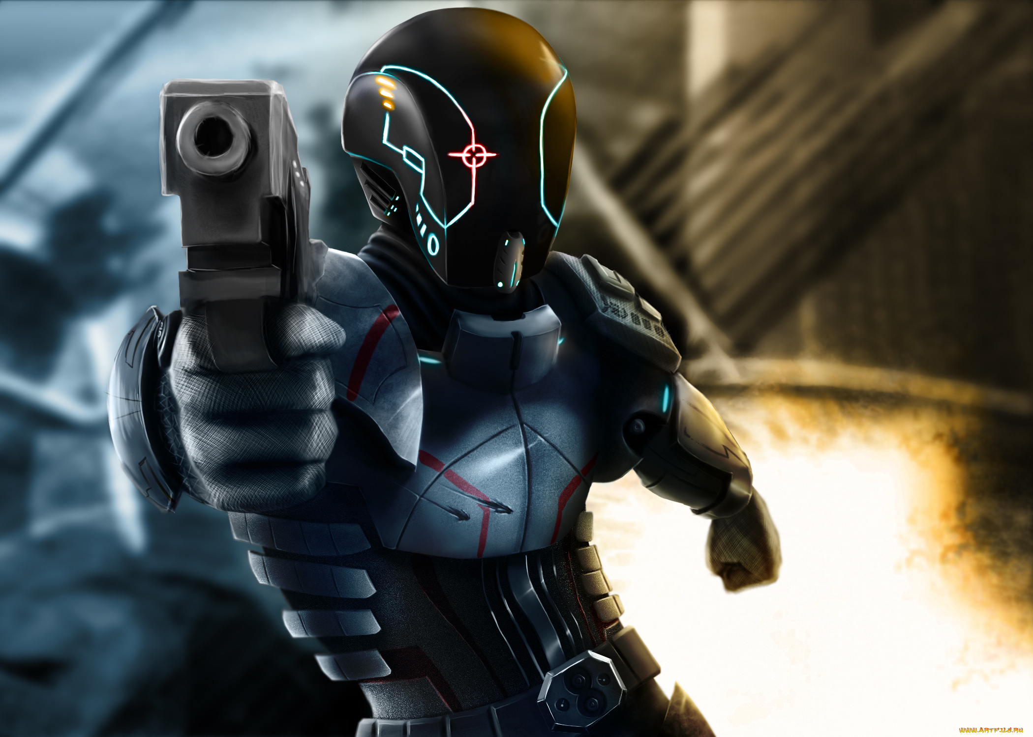 фэнтези, люди, костюм, защитный, солдат, шлем, пистилет