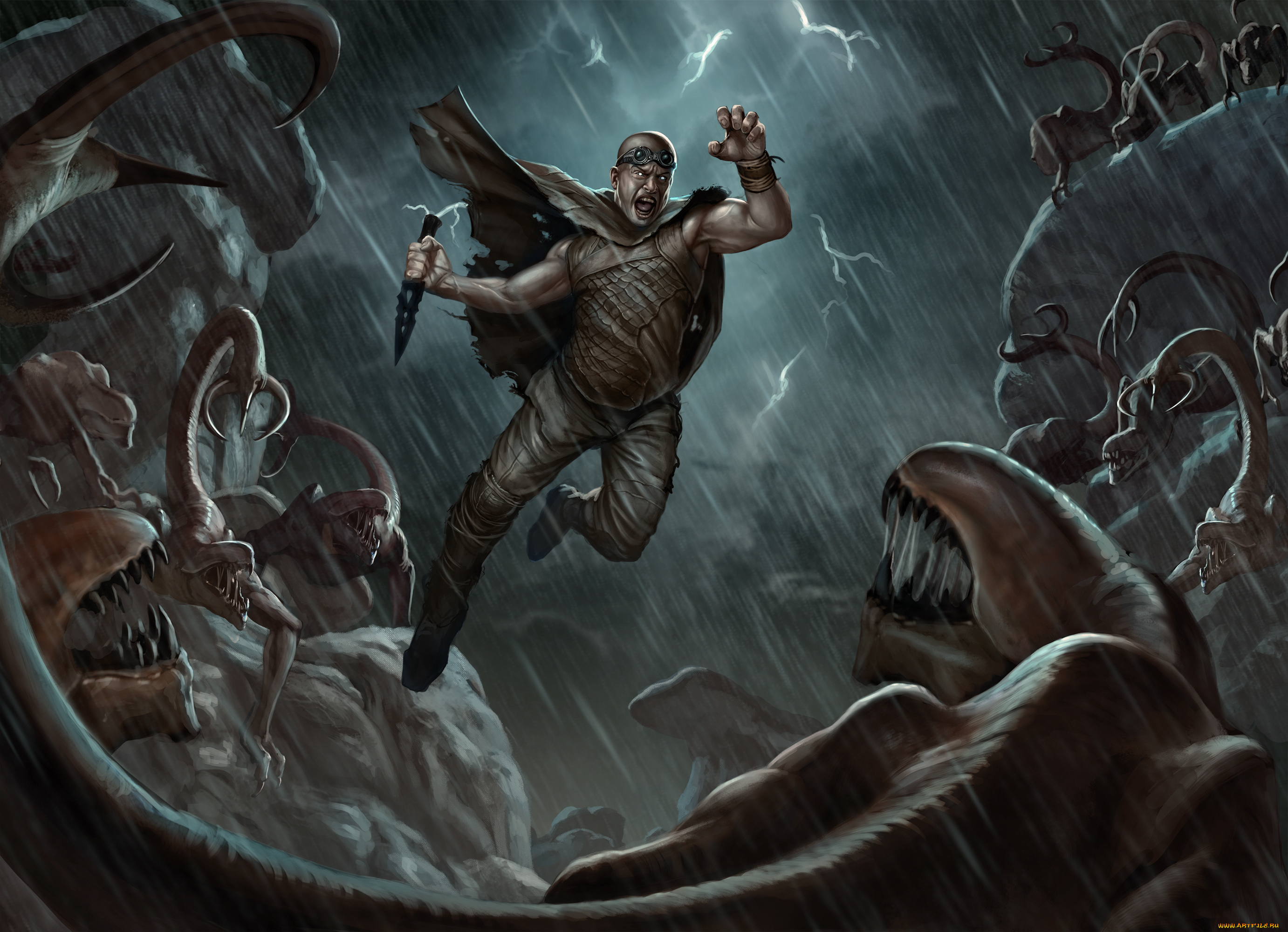 riddick, 2013, рисованные, кино, гроза, нож, монстры, атака, прыжок